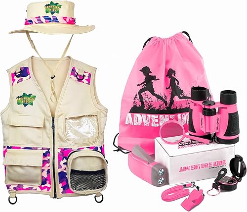 Adventure Kidz Outdoor Explorer Kit - Kit de aventura rosa y chaleco rosa y sombrero, 8 artículos