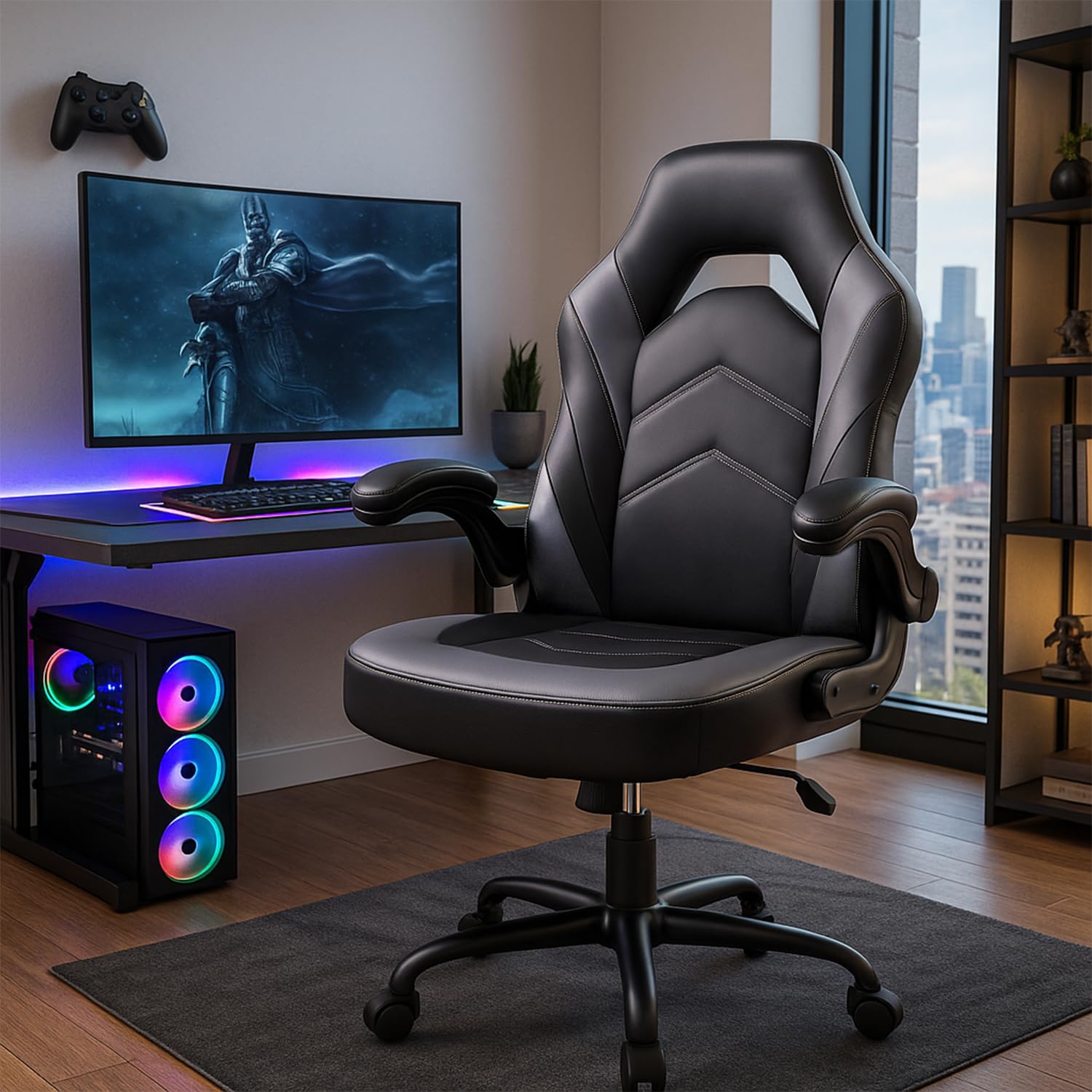 DUMOS Silla para Videojuegos ergonómica, Silla de Juegos giratoria Ajustable de Piel sintética con reposabrazos Plegables, Adecuada para el hogar, la Oficina, etc. (Negro-Gris)