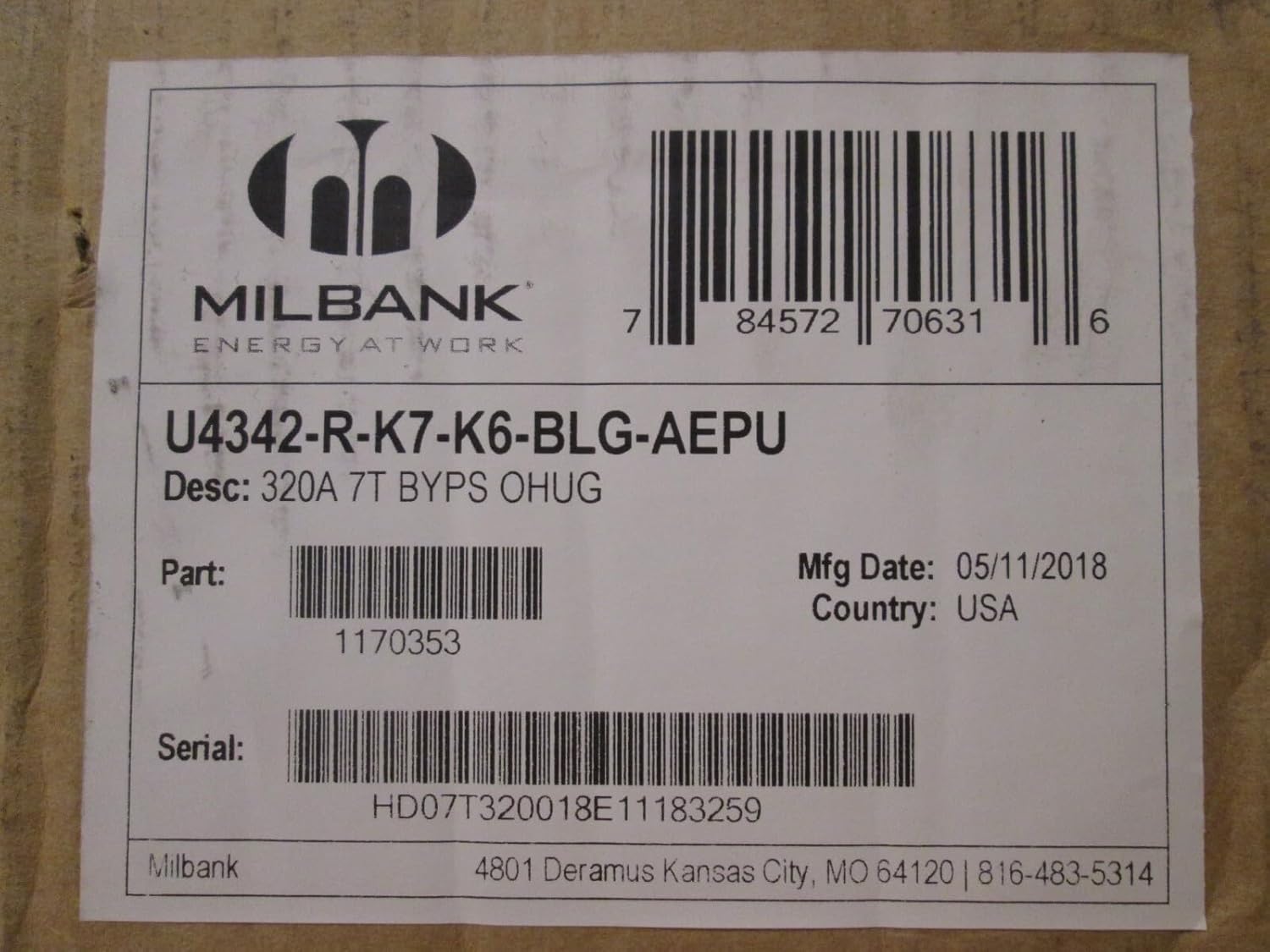Milbank 320 amp 3 - Phase Meter Socket U4342-R-K7-K6-BLG-AEPU