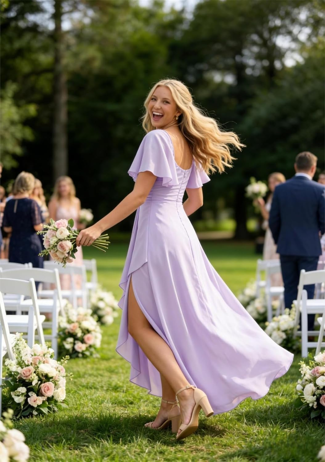 Women's Chiffon Bridesmaid Dresses for Women with Sleeves Split A Line Formal Dress with Pockets AS014 - Image 2