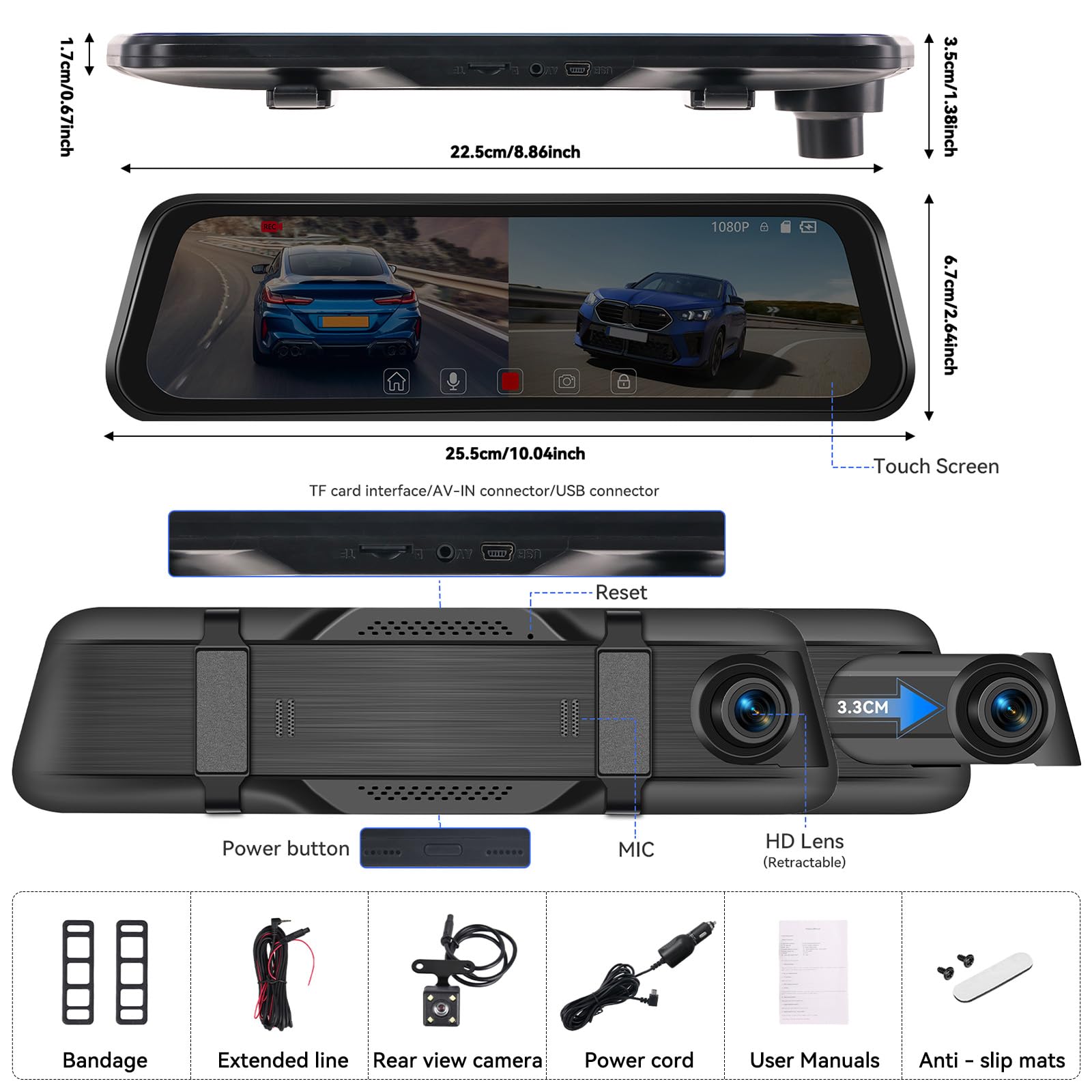 CAMECHO 1080P Rétroviseur 9.66 Pouces Dash CAM Voiture avec Caméra de Vision Nocturne, Avant 150° et Arrière Dashcam 120° avec Ligne Inverse, Enregistrement en Boucle, Angle Réglable