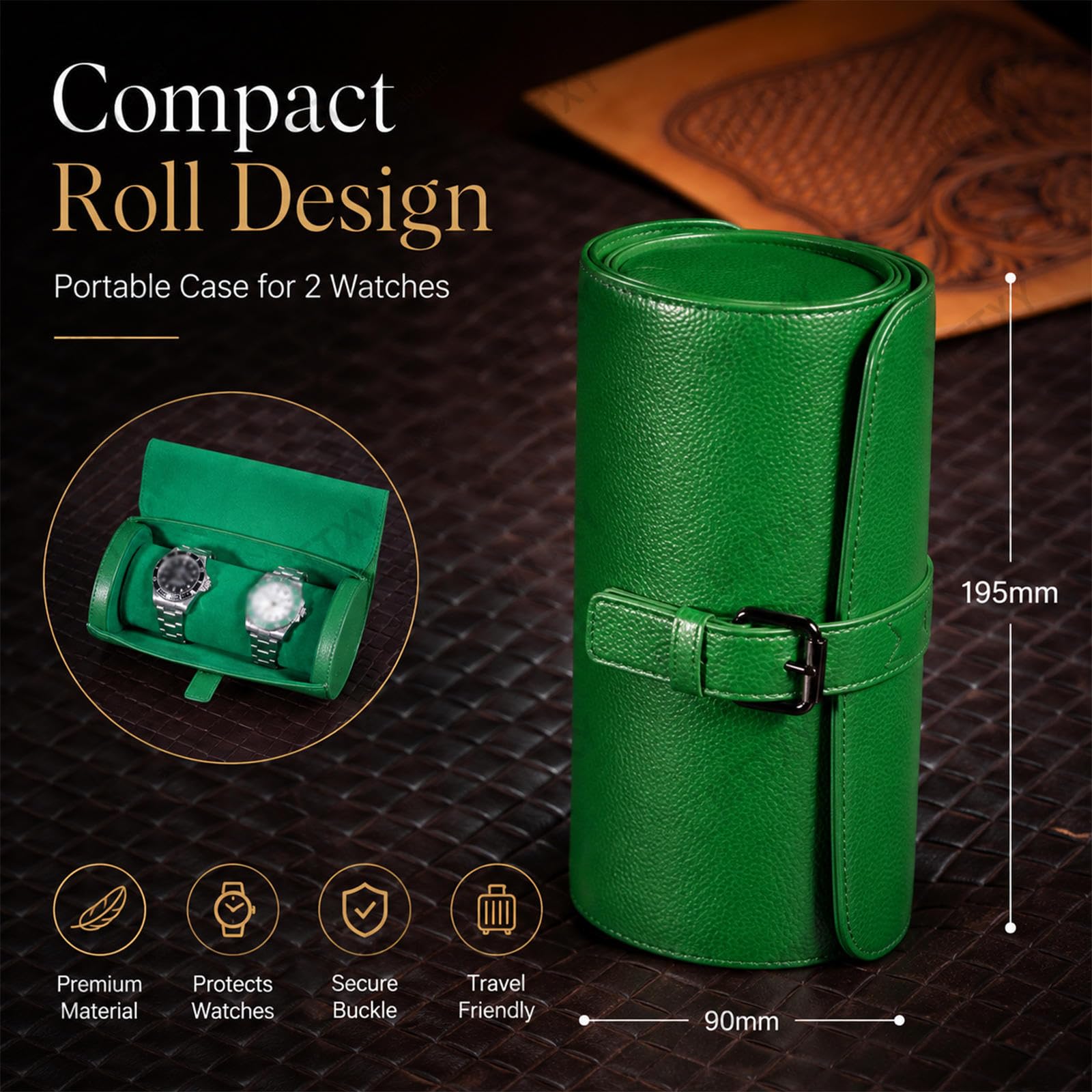 Custodia Roll per 2 Orologi, Box da Viaggio Effetto Pelle,Black | Organizer per orologi con interno morbido, chiusura a fibbia e design compatto per viaggio o casa.,Black