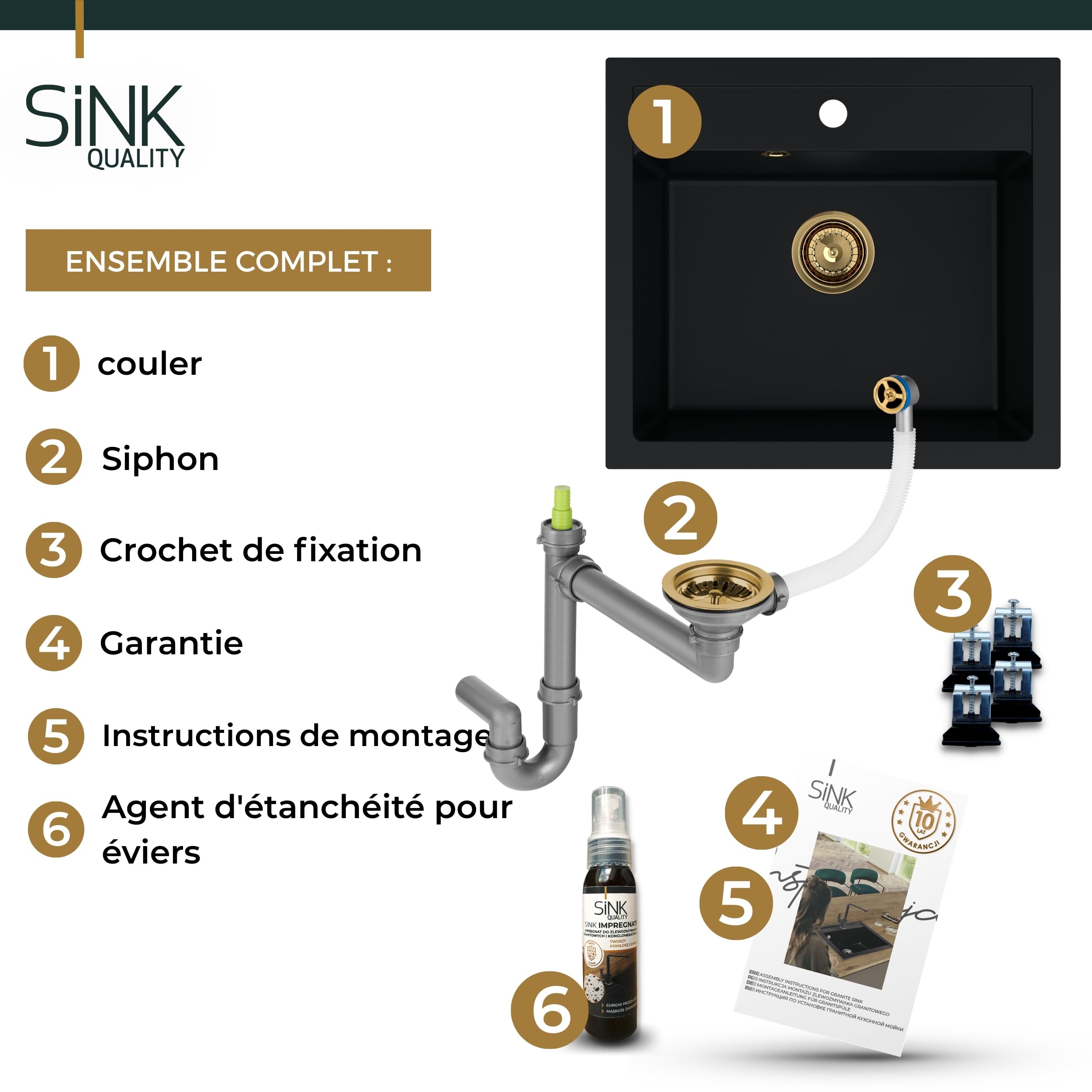 SINK QUALITY Évier en granit noir avec taches dorées 56 x 51 cm – Évier avec siphon doré et agent imperméabilisant – Évier pour armoires inférieures à partir de 60 cm de largeur – Lavabo pour cuisine