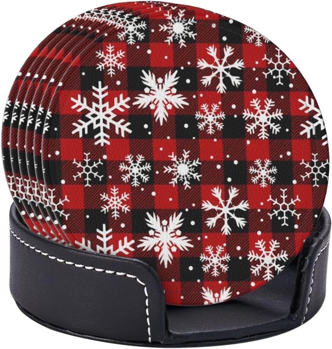6 Pcs Christmas Coasters for Women Men, 4 Inch Xmas Red Plaid Coaster with Holder for Home Kitchen Office Table Decor