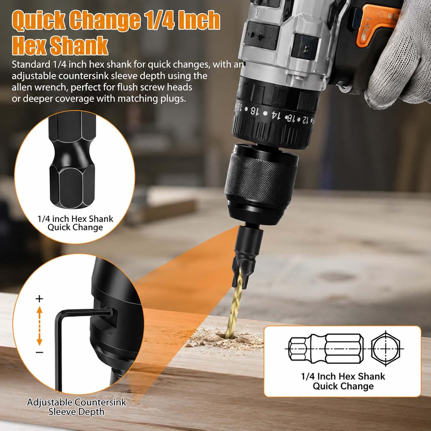 12PCS Countersink Drill Bit Set, 1/4" Hex Shank Chamfer Bits for Wood Plastic Soft Metal