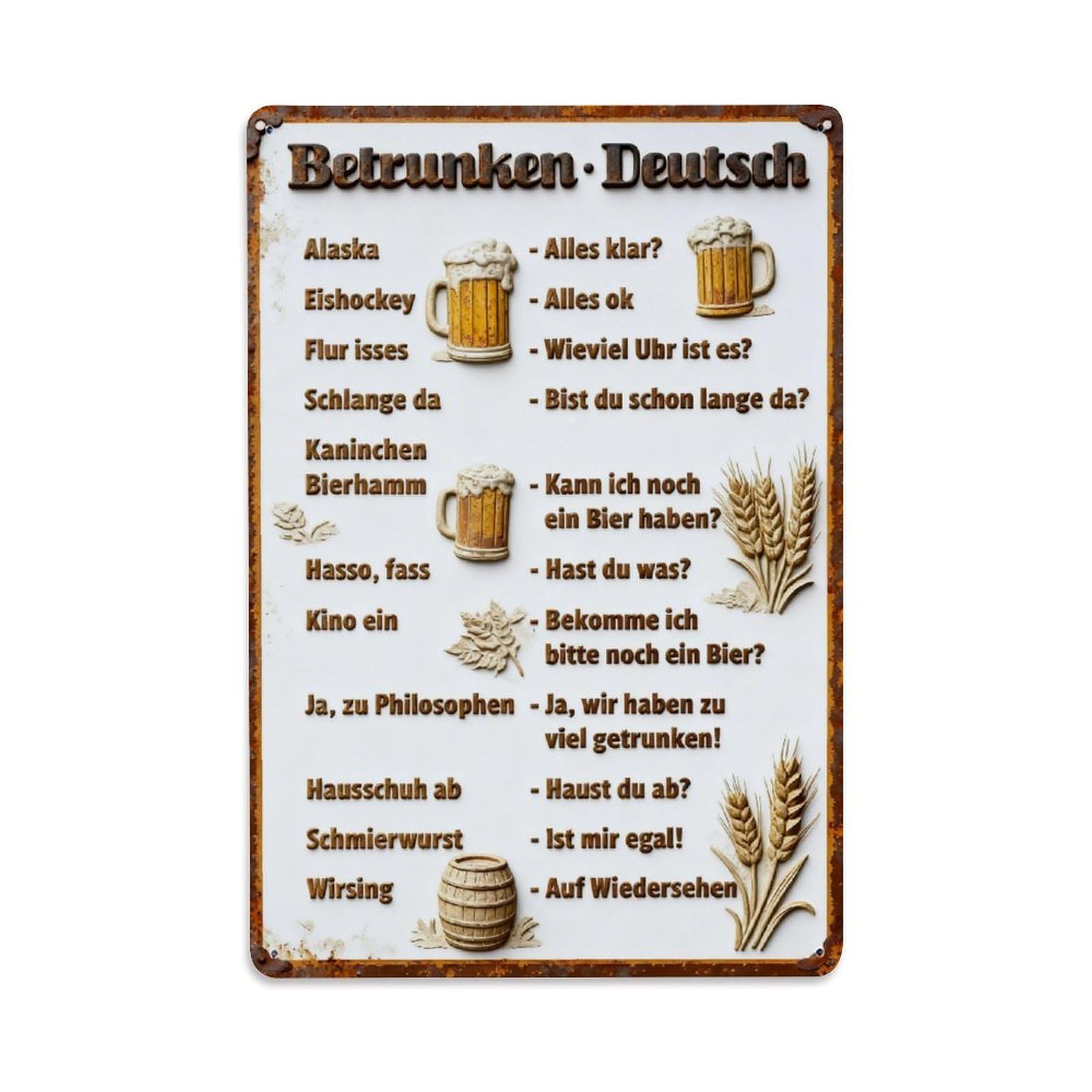 Bedridden German Phrase List Humor Vintage Metal Tin Sign Retro Wall Decor, Bar Garage Cafe Kitchen Home Wall Art Poster Decoration 8x12inches