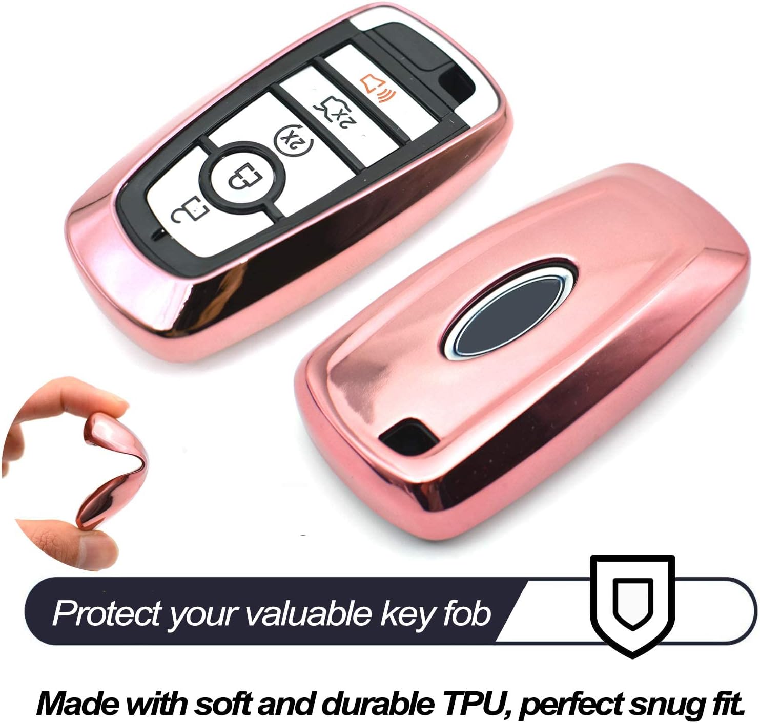 MECHCOS Metal Key Chain and Compatible with Ford Edge Escape Expedition Explorer Fusion Mustang Ranger F-150 F-250 Smart 3 4 5 Buttons Pink TPU Key Fob Cover Case Remote Holder