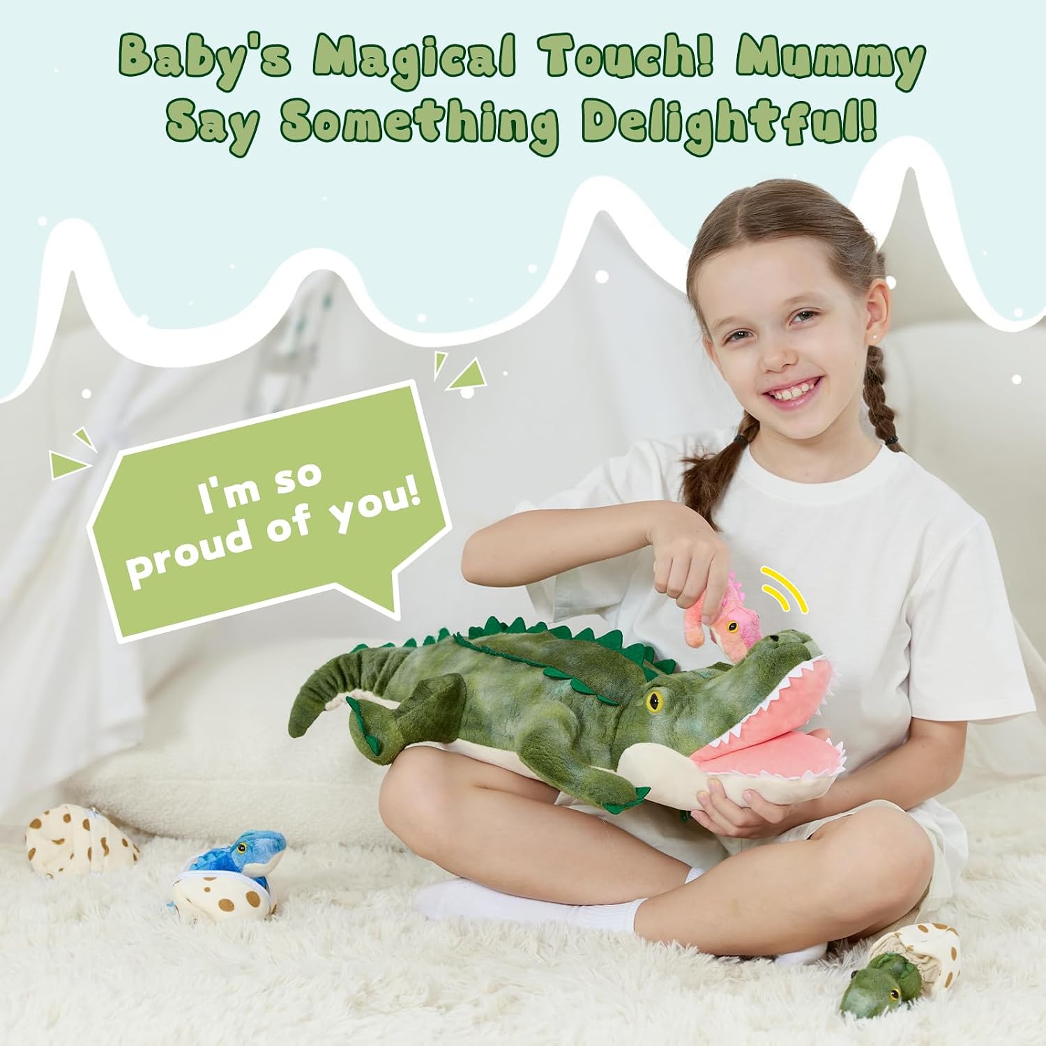 Condition photo showing New/Like New for 7pcs sound alligator plush toy, 23.6" talking mother crocodile stuffed animal with 3 baby alligators & 3 eggs, stuffed educational zoo animals for kids, safari plushies gift for christmas talking alligator