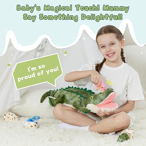 Vista 146 de Juego de 7 juguetes de peluche de dragón verde gigante de 21.7 pulgadas, animal de peluche con 4 bebés y 2 huevos, dinosaurios de peluche para niños