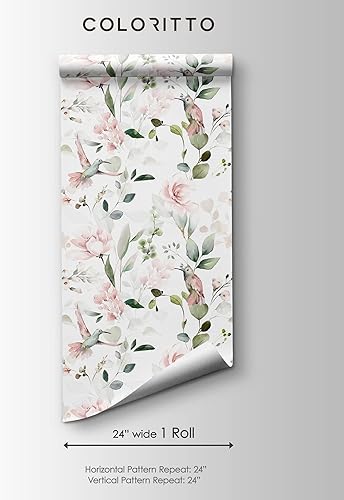 Miniatura 5 de Papel tapiz botánico rosa de colibríes, papel tapiz autoadhesivo extraíble para jardín, papel tapiz floral para despegar y pegar (muestra de 12