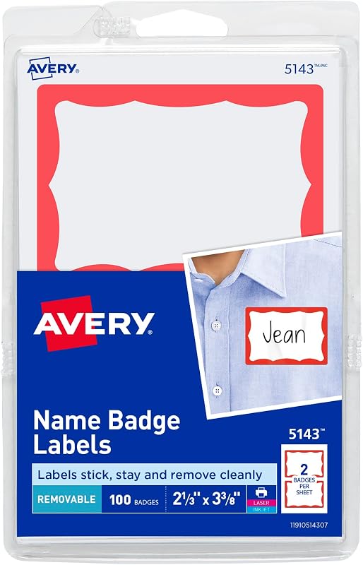 Avery Customizable Name Tags, 2-1/3" x 3-3/8", White with Red Border, 100 Removable Name Badges (05143)