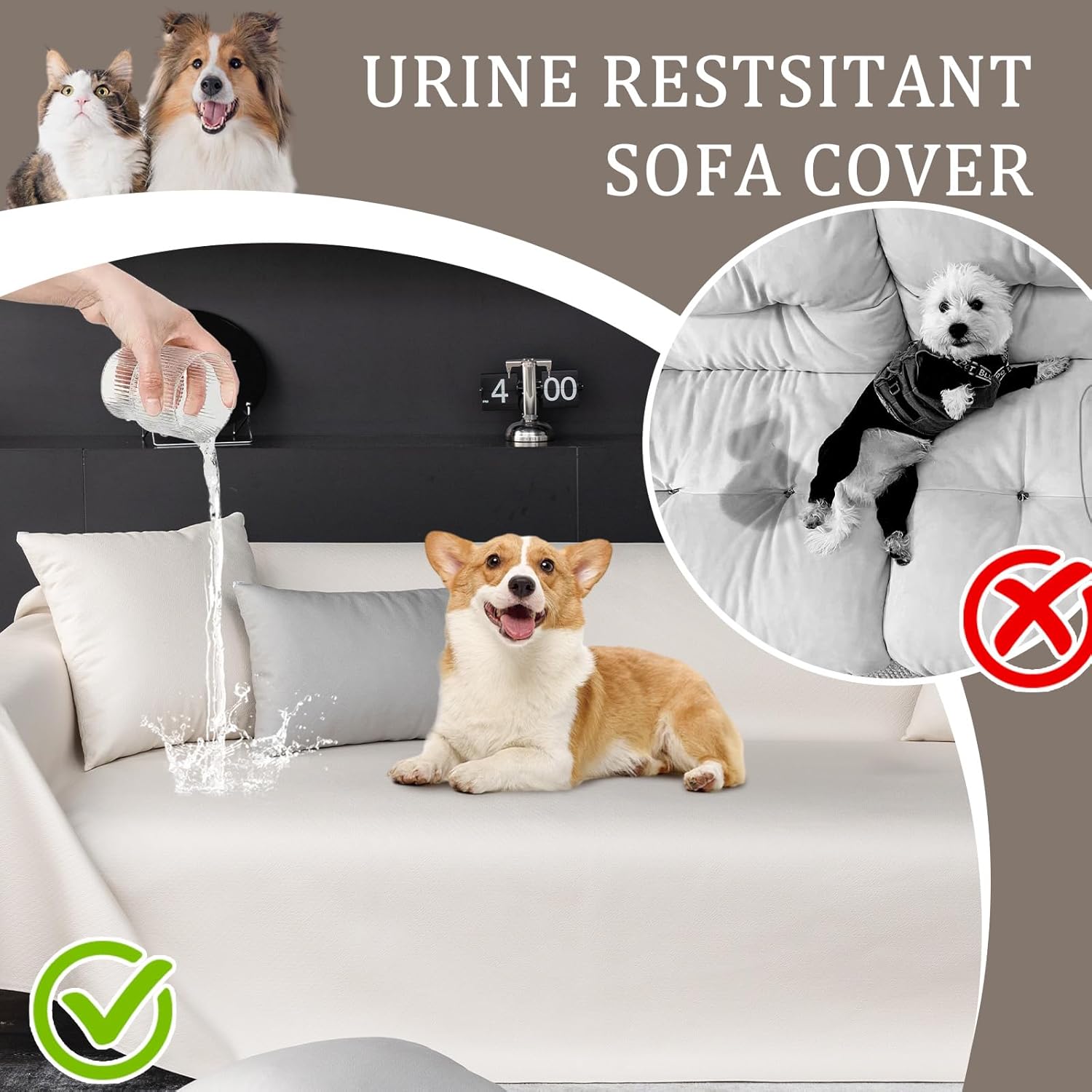 100% Waterproof Couch Covers for Pets 81"x118" Extra Wide Non-Slip Water Resistant Sofa Cover Outdoor Leakproof Couch Furniture Protector for 3-4 Cushion Sectional Couch Washable (Beige)