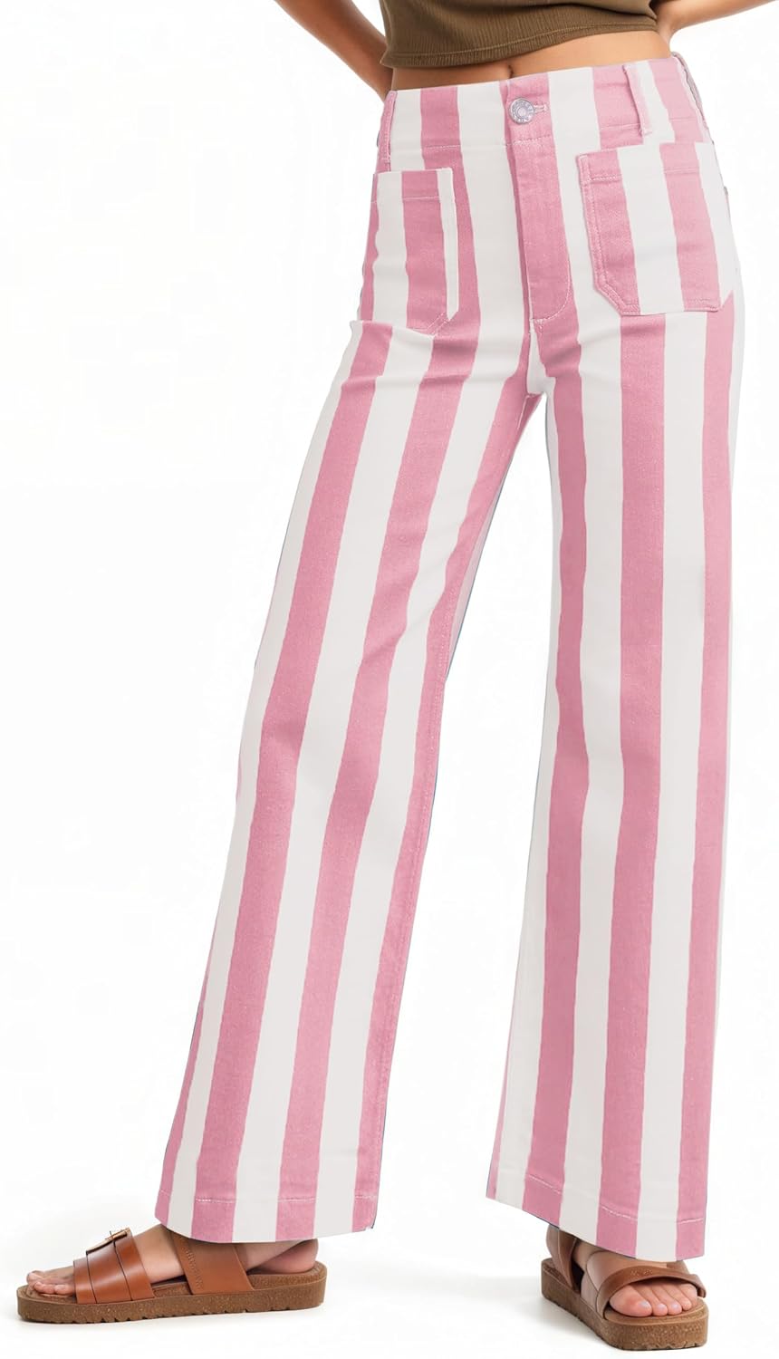 Kedera Women's Striped Pants Wide Leg Trousers Casual High Waisted Fun Pants Flare Jeans with Patched Pockets