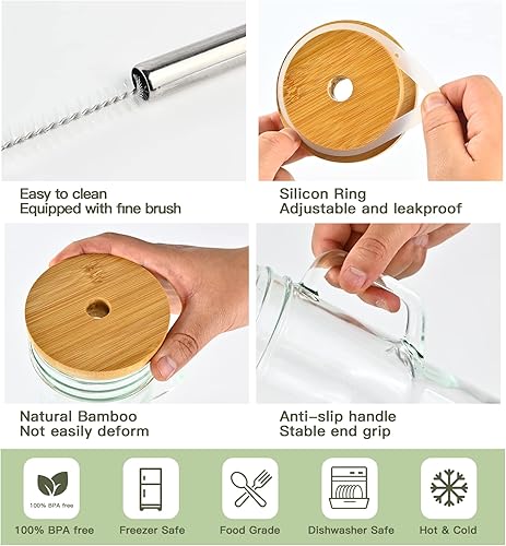 Miniatura 8 de Vasos de vidrio con tapas y popotes de bambú, vaso de 24 onzas con asa, paquete de 4 tarros Mason con tapa y pajita de boca ancha, vasos