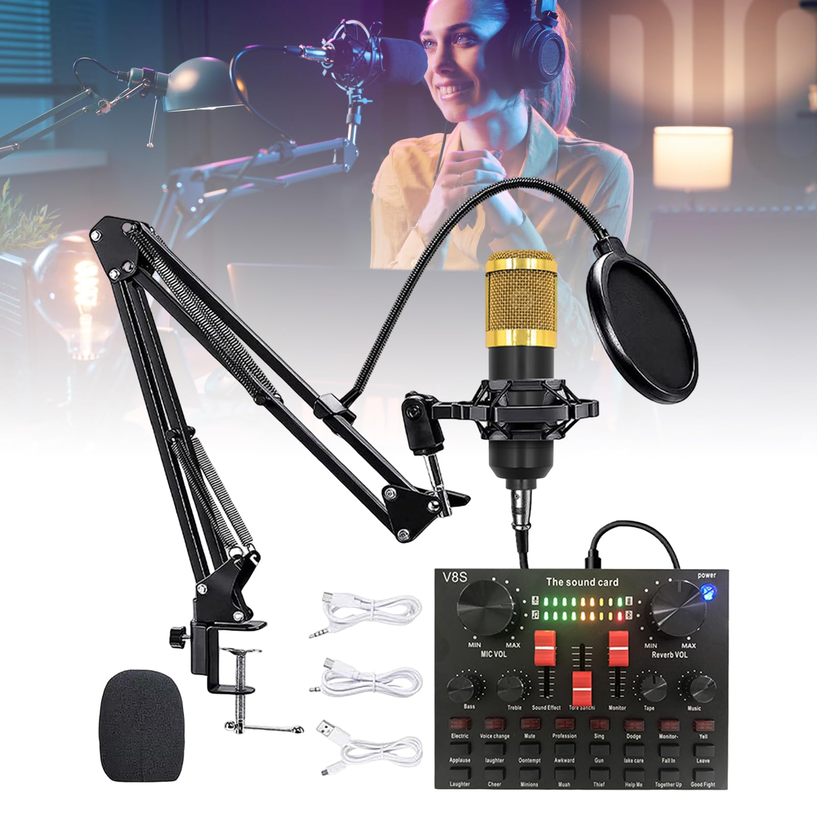 Tarjeta de sonido en vivo, tarjeta de efectos de sonido V8S con 16 efectos de mezclador DJ, 16 efectos de sonido en vivo, 8 modos divertidos, placa de sonido externa USB de audio karaoke portátil,