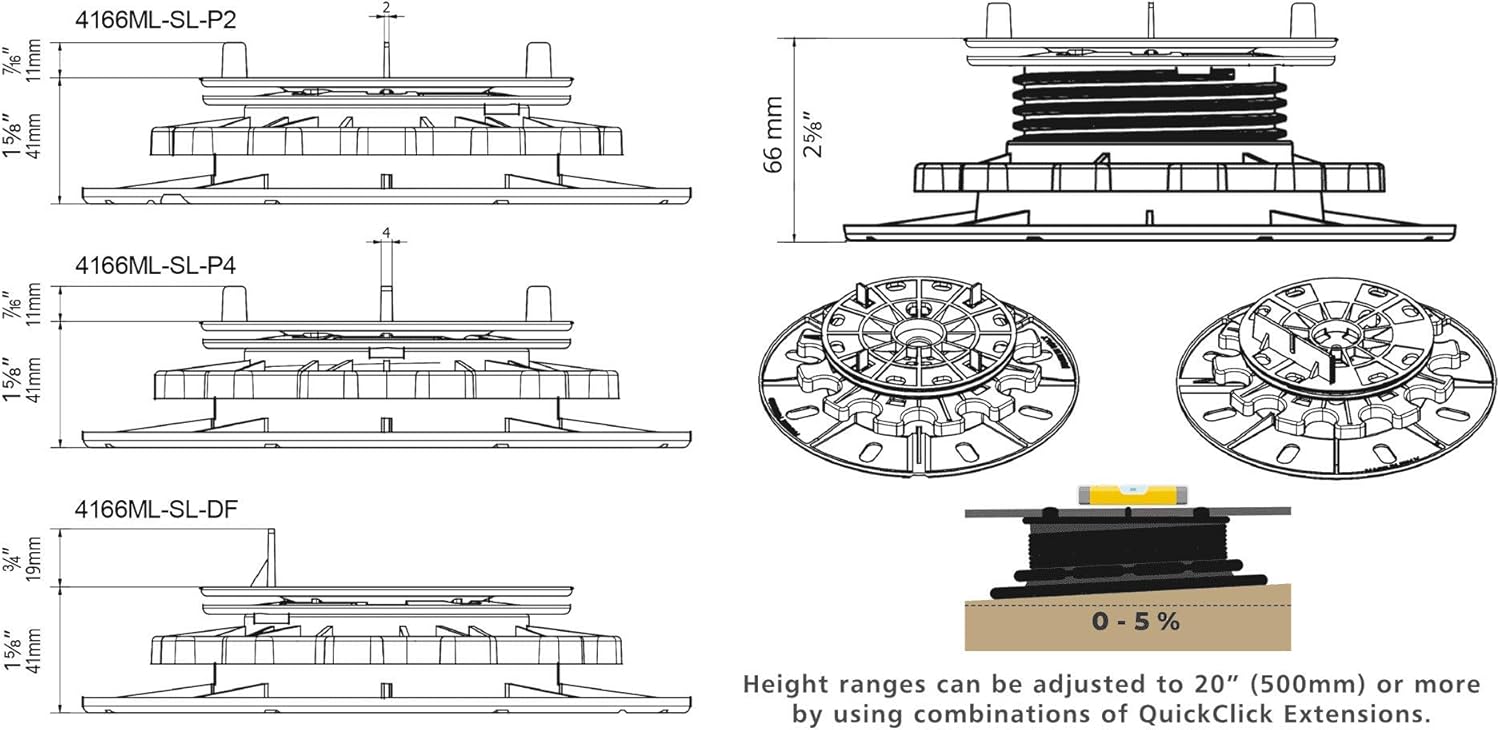 Self-Leveling Paver Pedestals with 4mm (5/32") spacers - Support 650Kg (1430 lbs) - 10 Pack