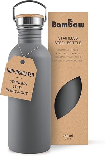 Miniatura 21 de Botella de agua de acero inoxidable Bambaw, botella deportiva negra, botella de agua no aislada, 1L de acero inoxidable, botella reutilizable, Negro