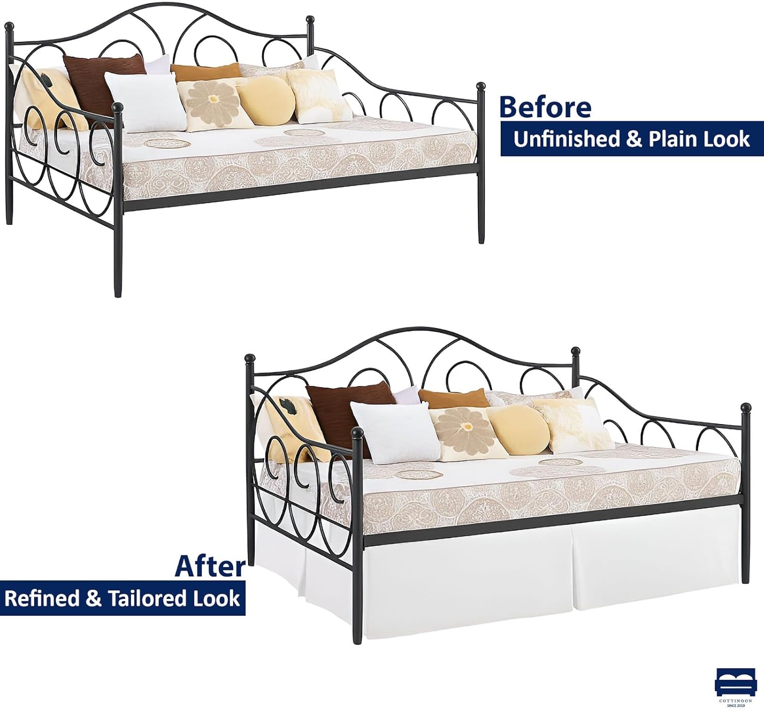 Pleated Daybed Skirts Twin Size Split Corners for Day beds Three Side Coverage, Easy fit, Made with Brushed Microfiber (Twin -14,White)