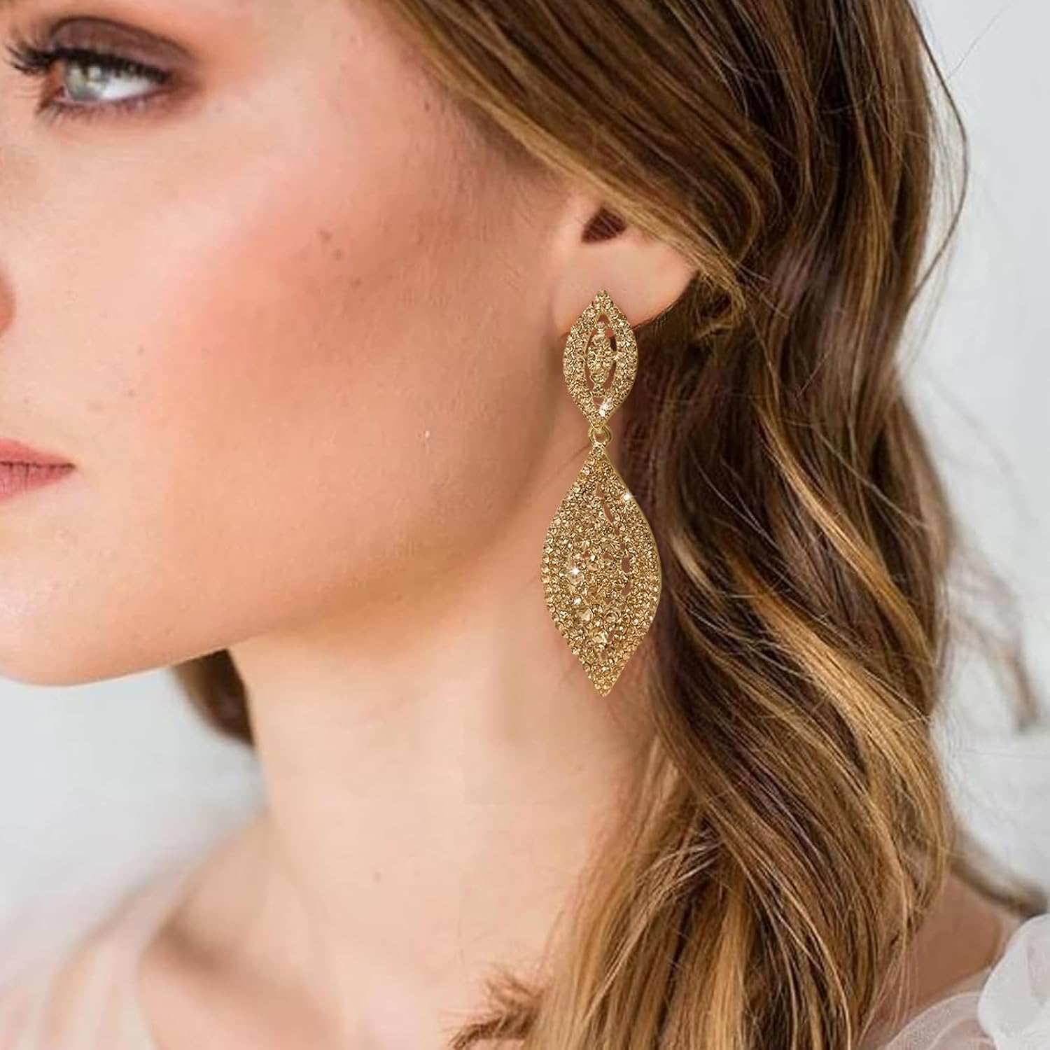 Women Large Statement Chandelier Earrings Rhinestone Clear Crystal Party 2 Leaf Dangle Earrings - Image 2