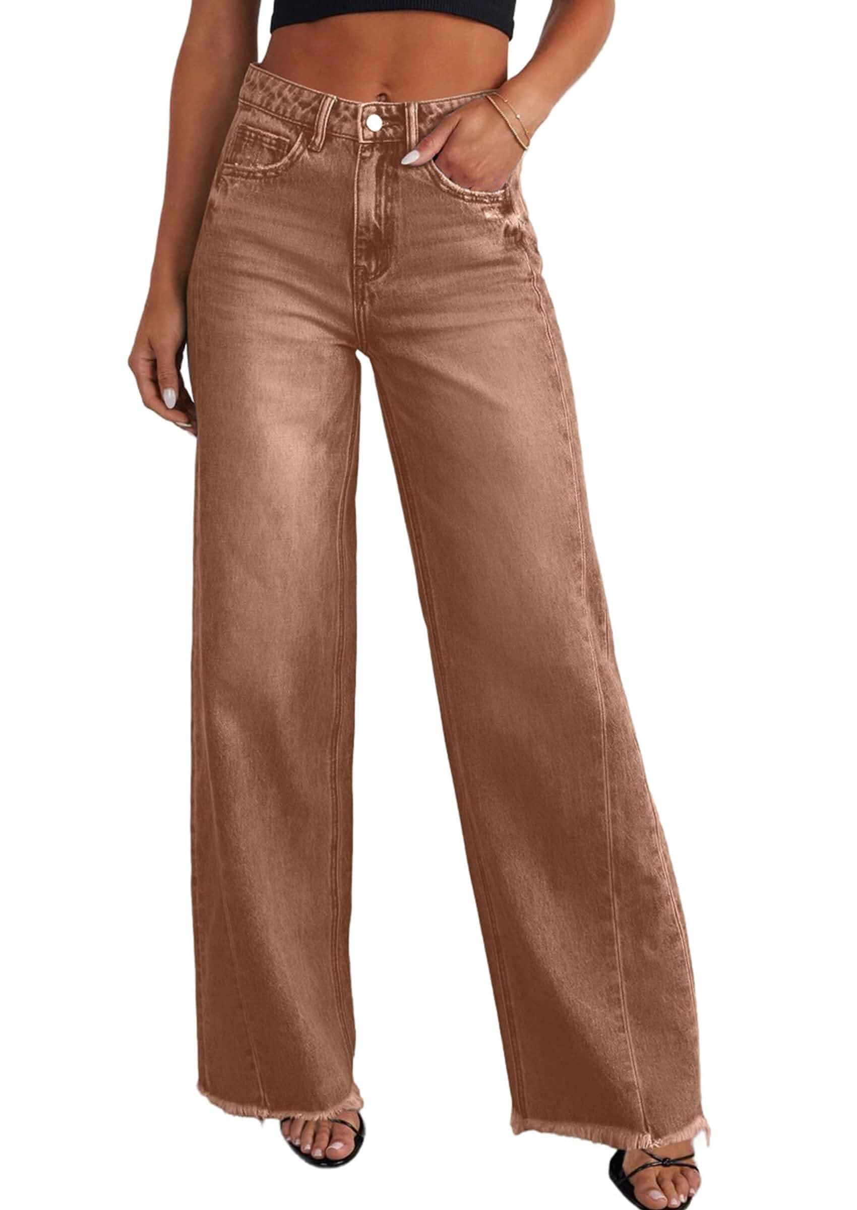 PRETTYGARDEN Women's Wide Leg Jeans Raw Hem Denim Pants Stretchy Baggy Jeans, High Waisted Palazzo Pants, Basic-5-Pocket, Relaxed Fit, Casual Bottoms, Fall Outfits, Fashion Clothing