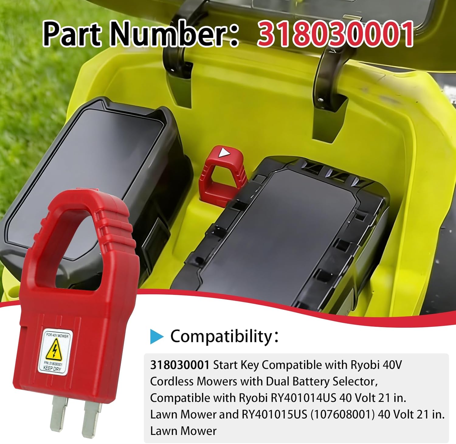 318030001 Start Key with Dual Battery Selector Compatible with Ryobi 40V Cordless Mowers,Fits for RY401014US & RY401015US 40 Volt 21 in Lawn Mower