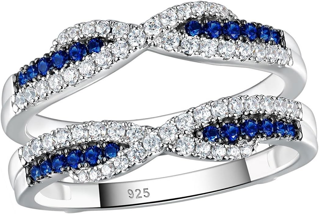 925 Sterling Silver Round Cut Blue Sapphire & Diamond Infinity Engagement Wedding Enhancer Wrap Ring Guard for Women's In 14K White Gold Finish
