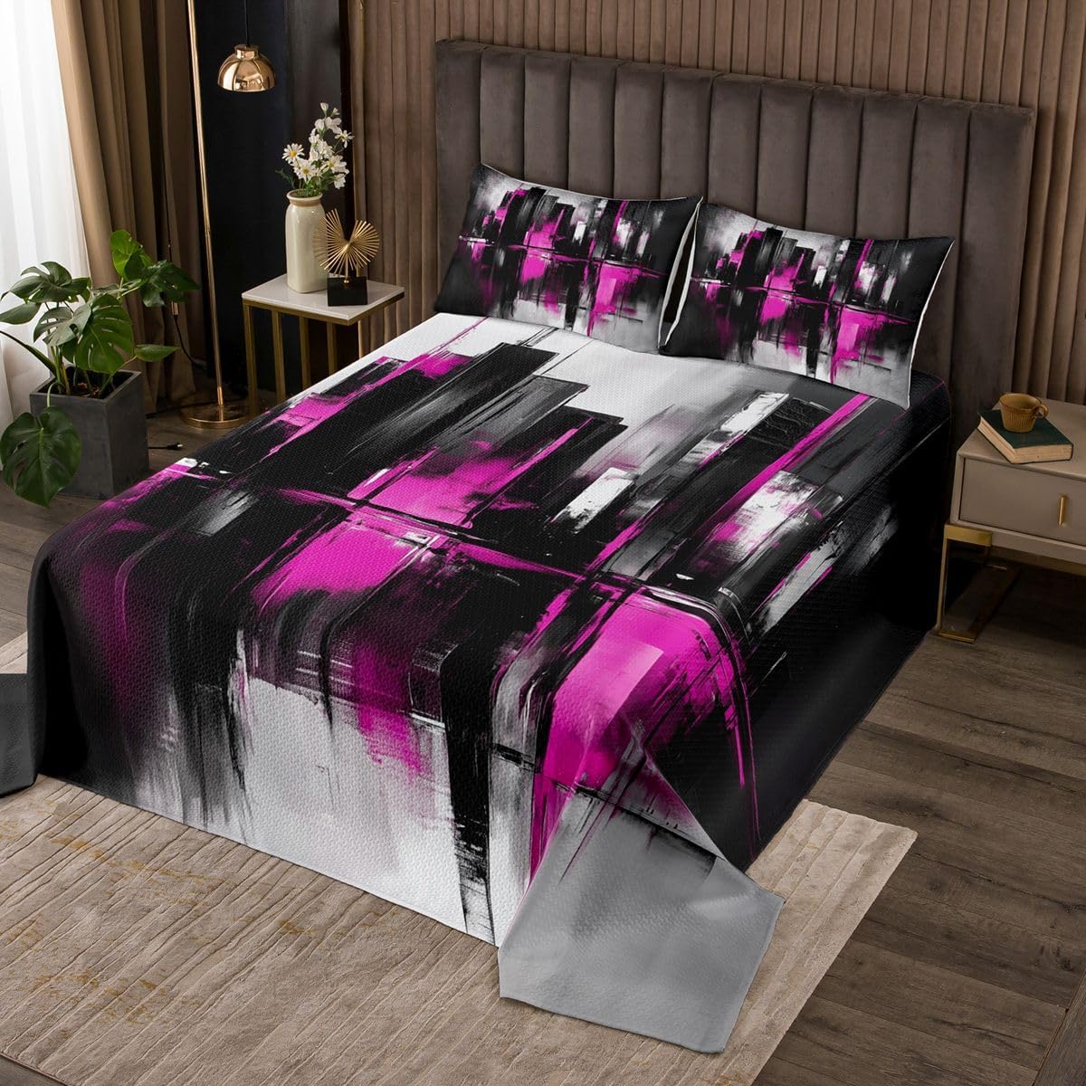 Homewish Black and Purple Bedspread Twin Size,Abstract Painting Art Bedding Sets 2Pcs for Kids Girls Boys Room Decor,Modern Urban View Comforter Set Graffiti Art Quilt Coverlet,1 Pillowcase