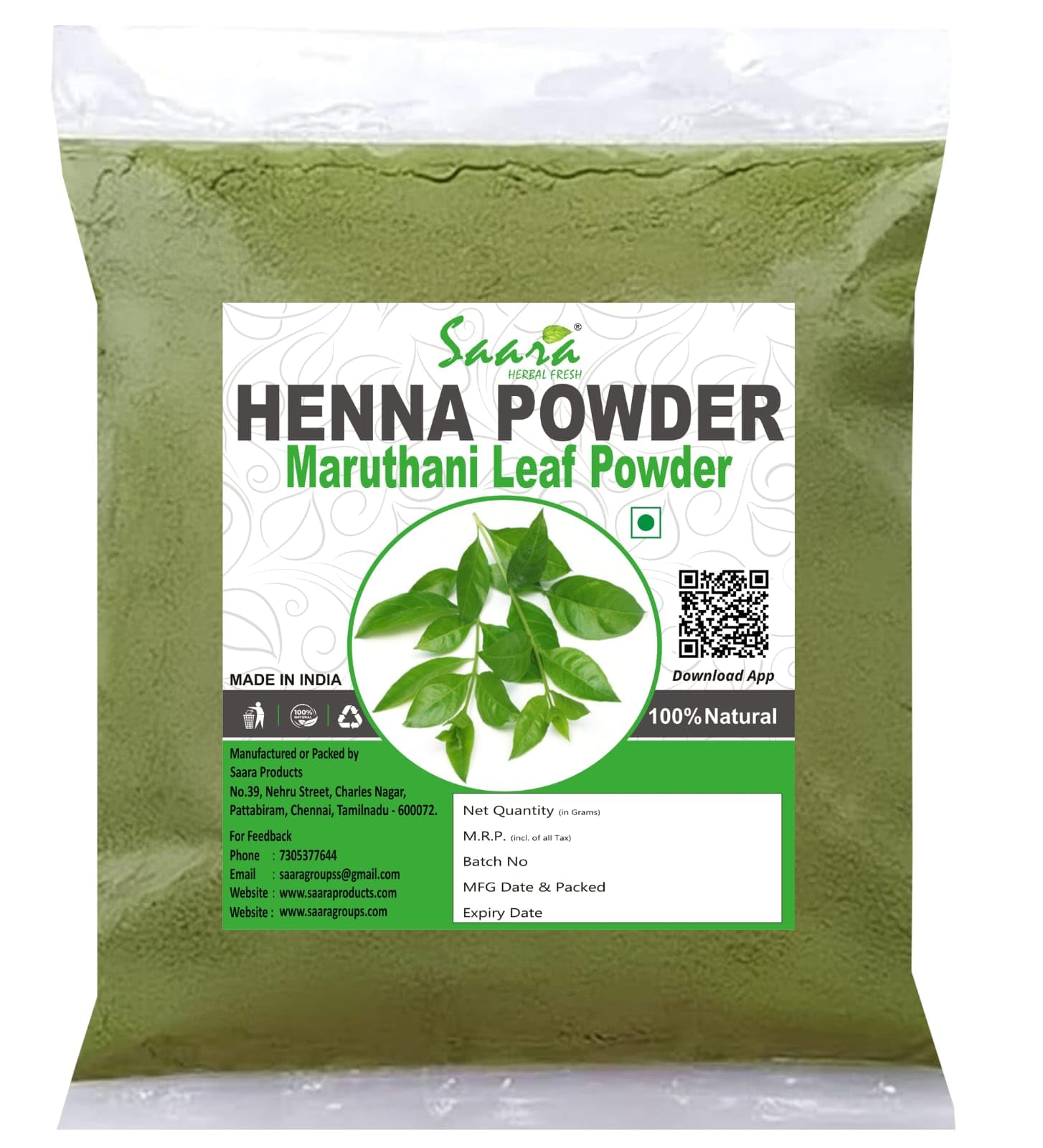 Saara HERBAL FRESH Henna Powder, 650g, Maruthani Leaf, Gorintaku Mehandi, Manjha, Aivanam Powder, (pack of 6 x 100g, pack of 1 x 50g)-picture-28