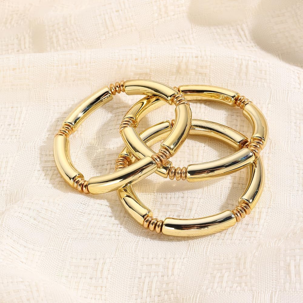 Chunky Gold Bangles Bracelets for Women - 14k Gold Plated Stack Layered Curved Bamboo Tube Stretch Bracelets Gift Jewelry - Image 7
