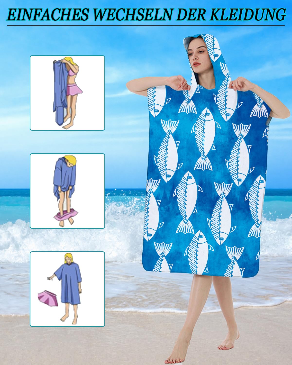 Poncho De Bain Avec Capuche - Microfibre - 110x75 Cm - Tortues De Mer - Pour Plage, Surf, Sauna