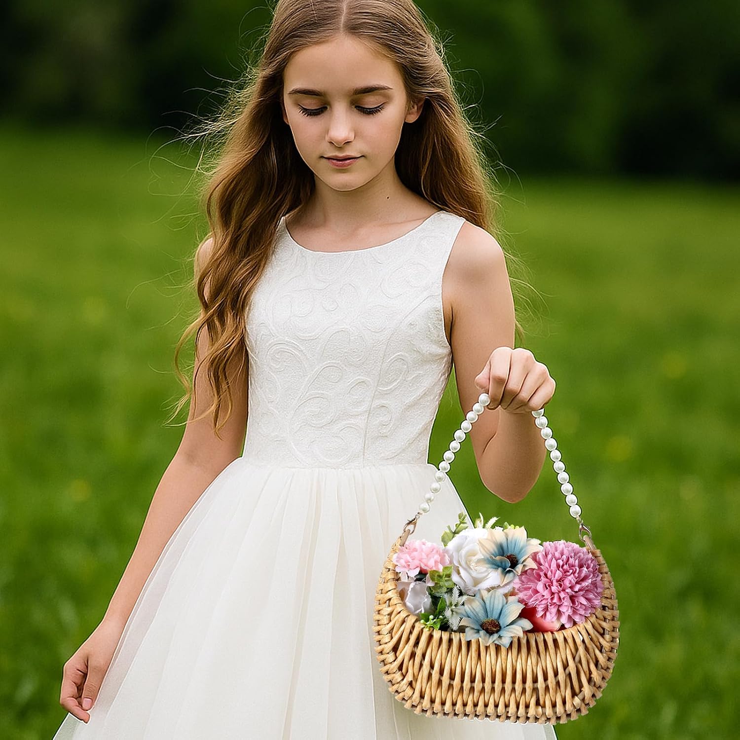 2 Pcs Rattan Flower Girl Basket with Pearl Handle Small Half Moon Wicker Basket for Wedding Flower Girl Picnic Garden Storage and Home Decor (Light Brown)