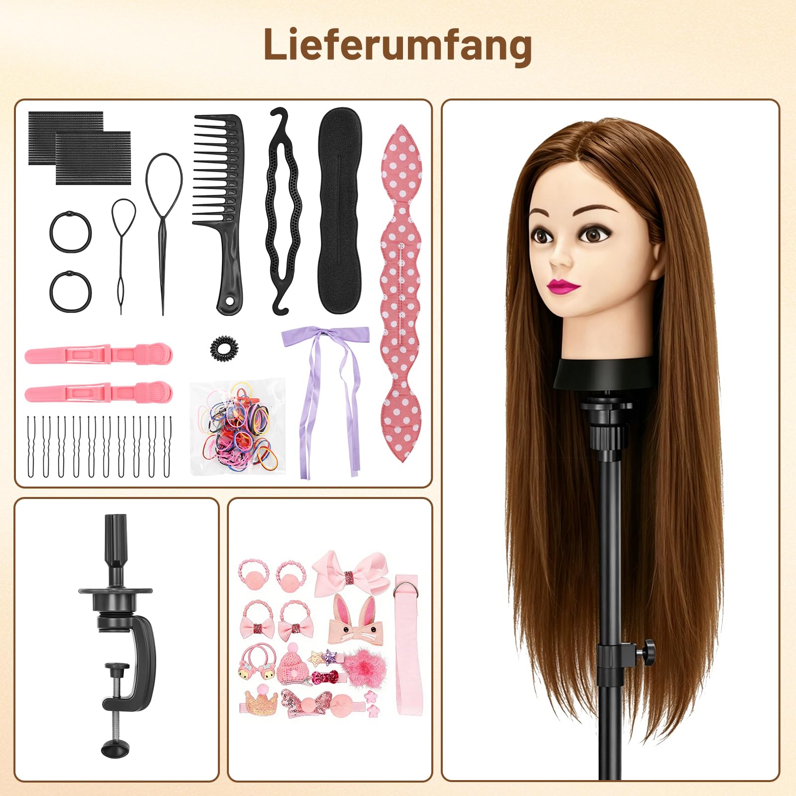TwoWin Frisierkopf 80% Echthaar, Übungskopf 24 Zoll /60cm Friseurkopf, Trainingskopf für Friseure für Styling & Friseurpraxis mit Tischhalter + DIY Haare Frisuren Set (Braun)