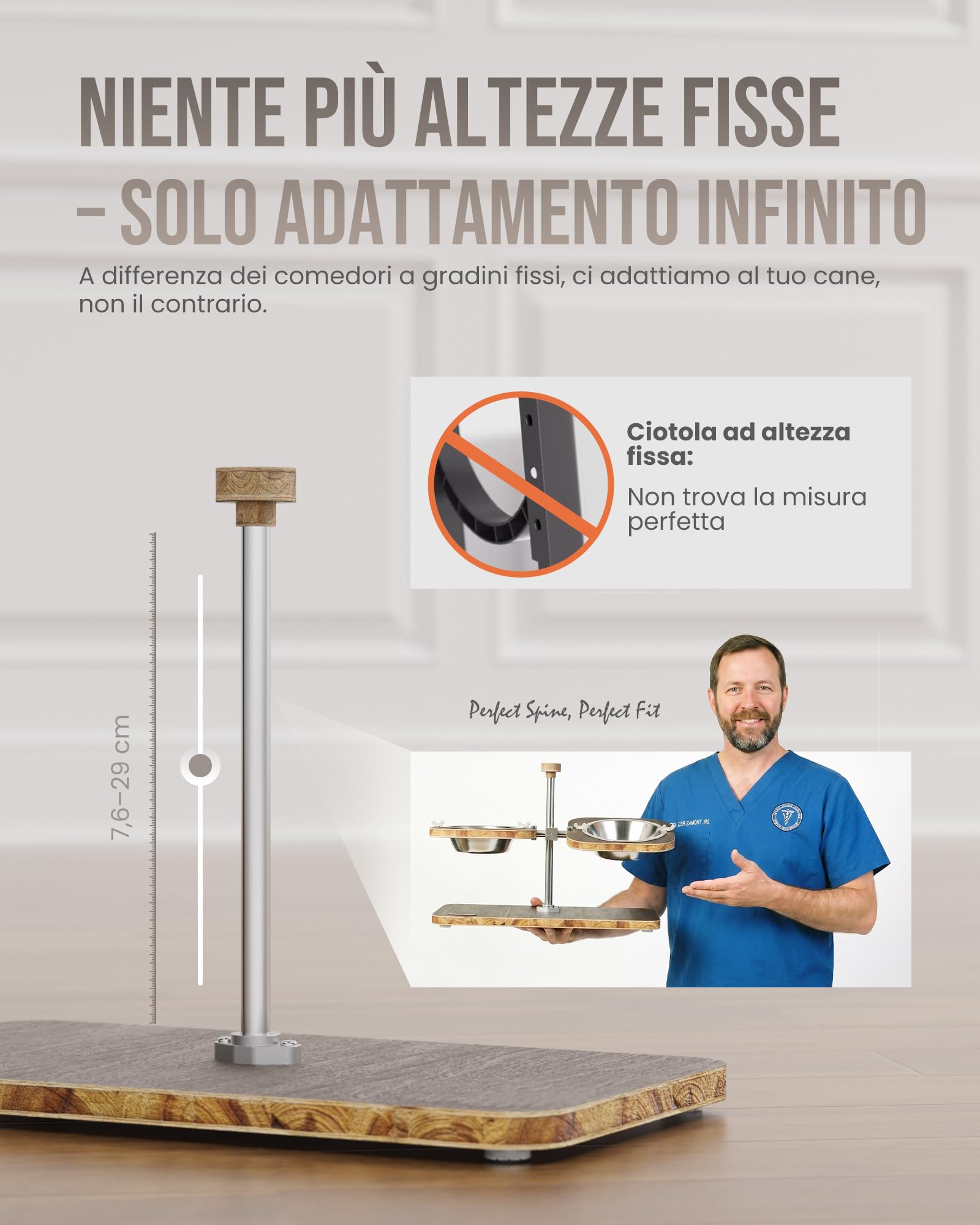 kittyspout Ciotole rialzate per cani, regolabili in altezza e inclinazione | Struttura FSC classe E0, 2 ciotole in acciaio inox lavabili in lavastoviglie e base antiscivolo