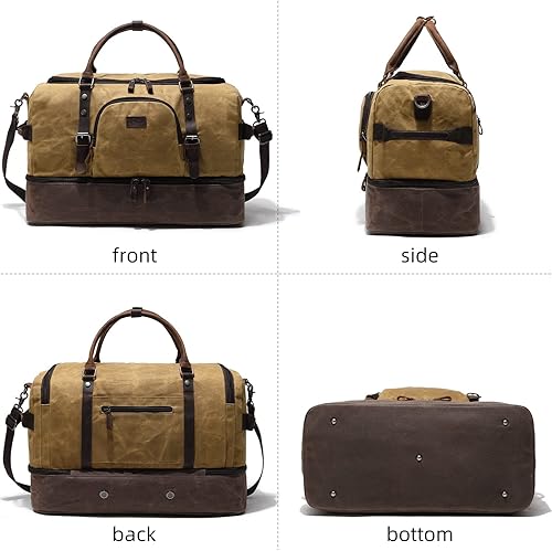 Miniatura 9 de Nerlion - Bolsa de fin de semana con compartimento para zapatos, bolsa grande de noche para hombres, lona de cuero genuino, bolsa de equipaje de