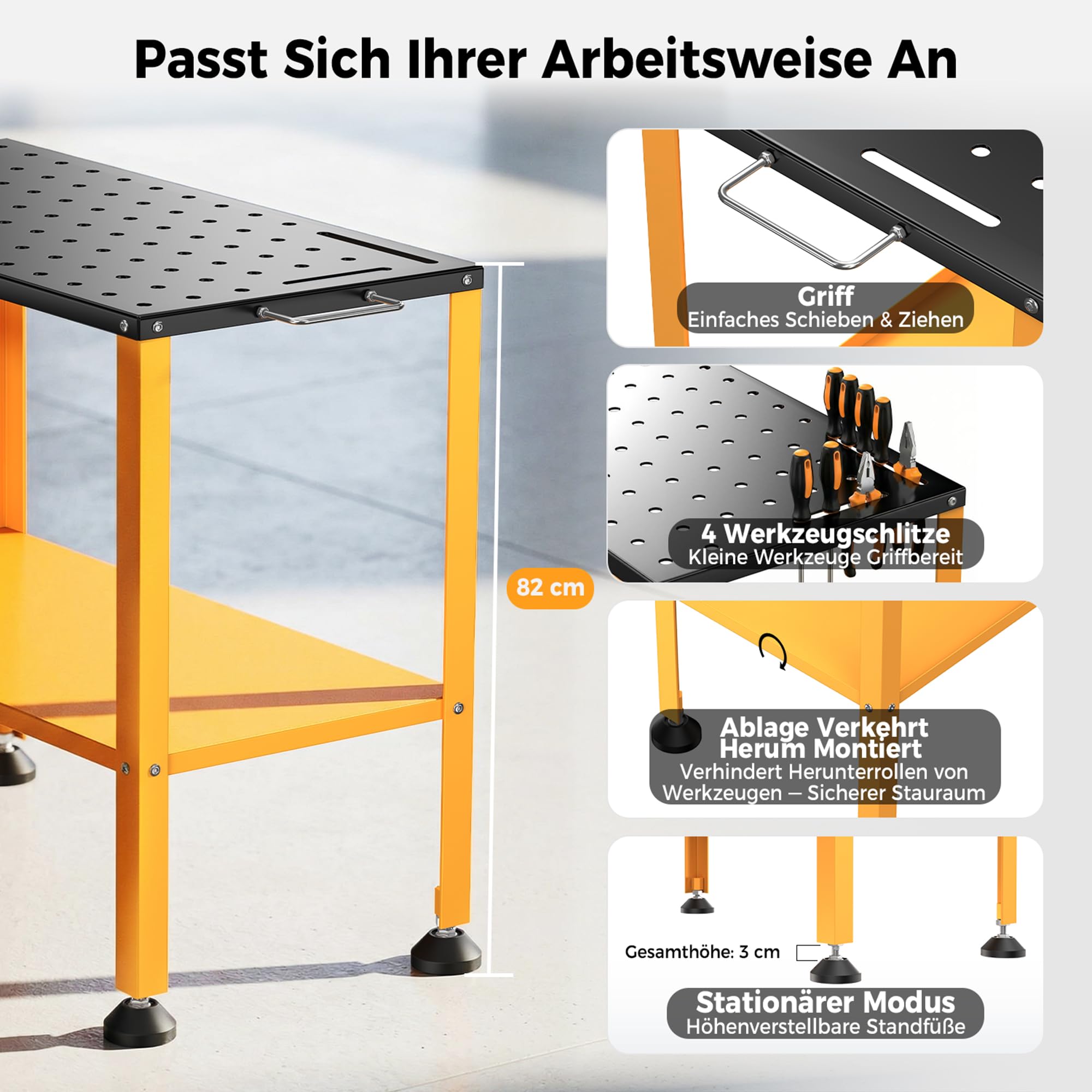 Mobiler Schweißtisch 91x46 cm, Tragkraft 544 kg, Werkbank Tischplatte für Schwarzer Oxidbeschichtung, 4 Feststellbare Rollen & Werkzeugschlitzen, 94 Befestigungslöcher, Stabil & Flexibel für Werkstatt