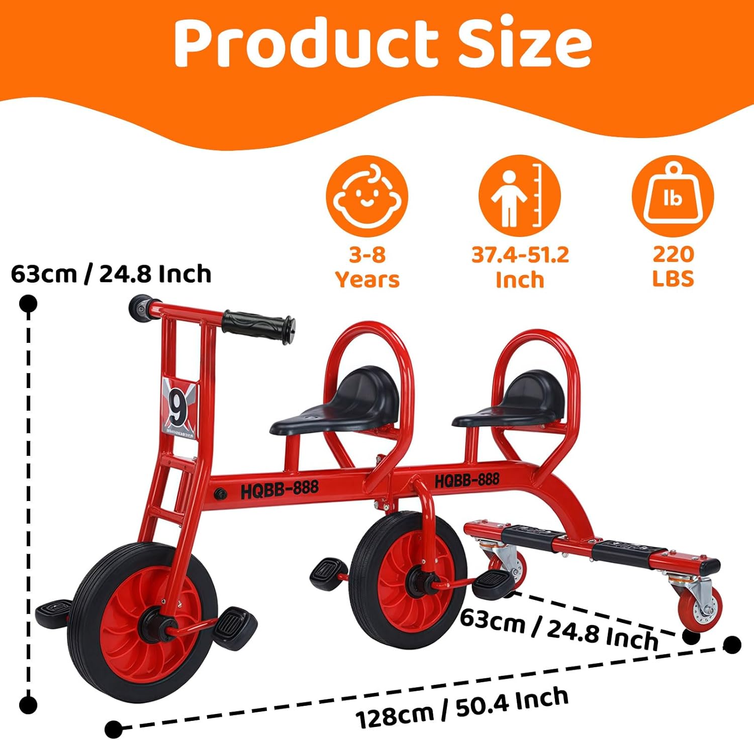 Kids Tricycle for Riders Ages 3-8, Kids Tandem Trike with Inflation-Free Rubber Wheels, PU Rear Wheel, Preschool Playground Big Wheel Tricycle