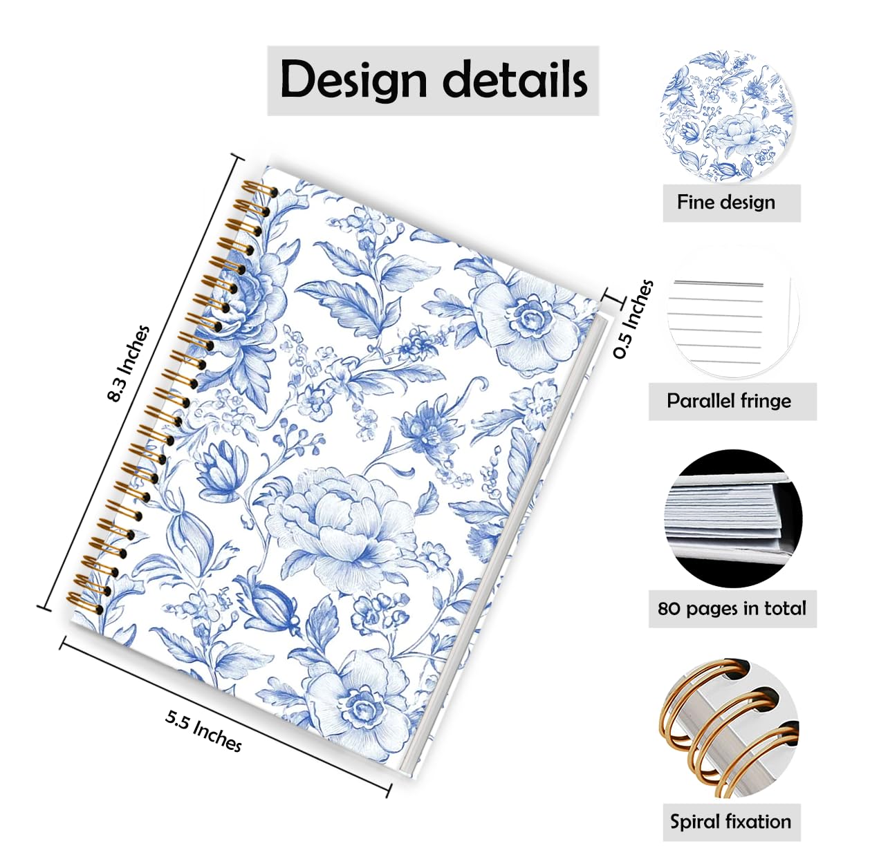 Coquette Blue and White Chinoiserie Floral Spiral Notebook,Grandmillennial Flower Notebooks for Note Taking,Vintage Blue Floral Journal Journaling,Flower Notebook 5.5x8.3 Inch image 2