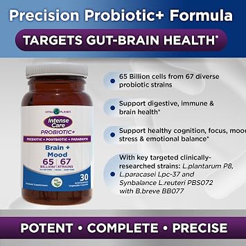 Vital Planet - Intense Care Brain & Mood Probiotics, Prebiotics, Postbiotics, Parabiotics, Complete 4-in-1 Refrigerated Supplement for Adults, 65 Billion CFU, 67 Strains, Digestive and Immune, 30 ct