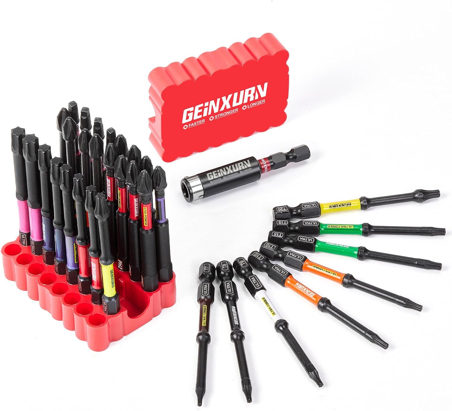 Geinxurn Impact Screwdriver Bits Set, 33 Pieces 3”Multi Head Magnetic S2 Steel Driver Bits PH/SQ/Torx/Pozi With Red Soft Base