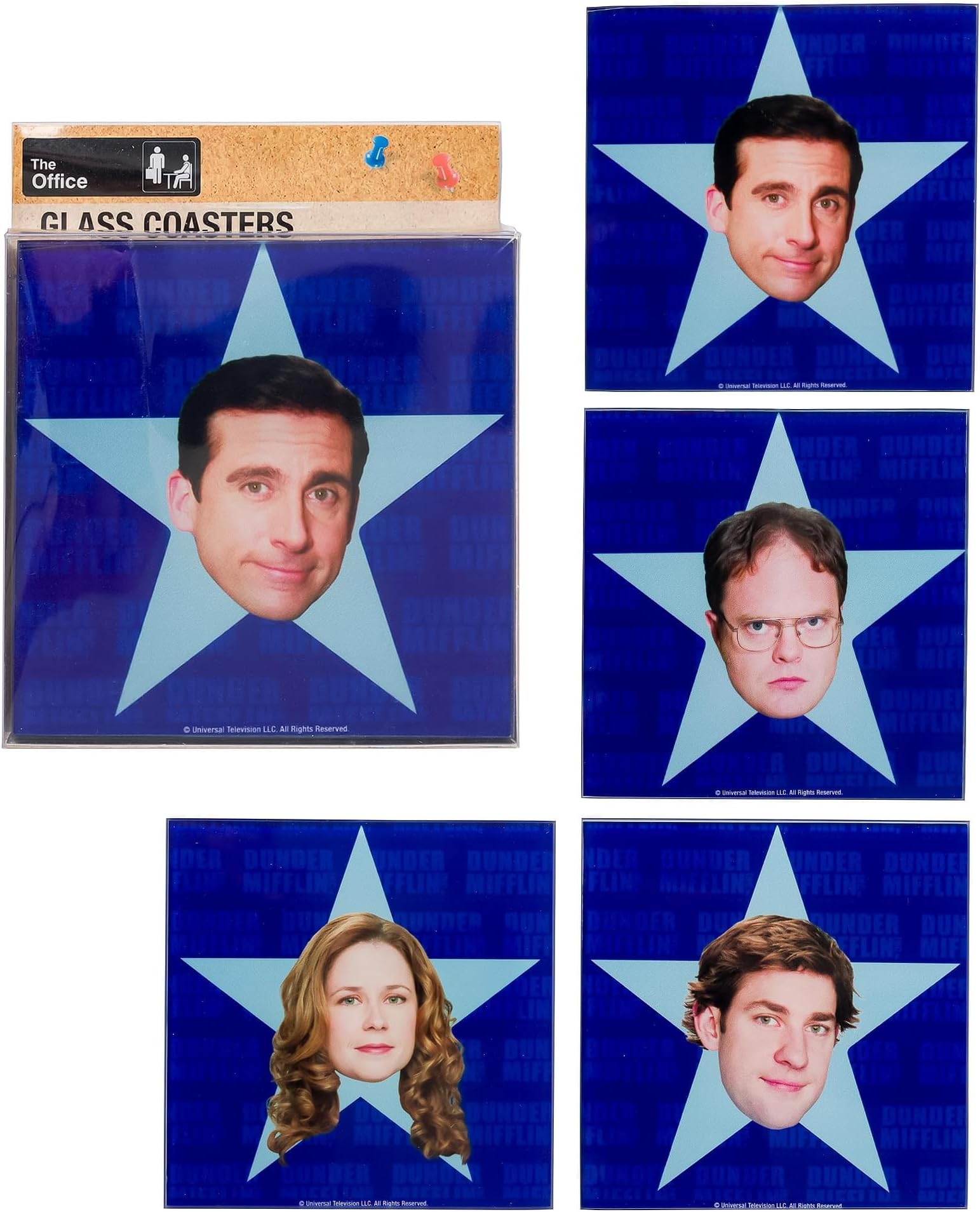 Silver Buffalo The Office Star Faces 4 PCS Glass Coaster Set
