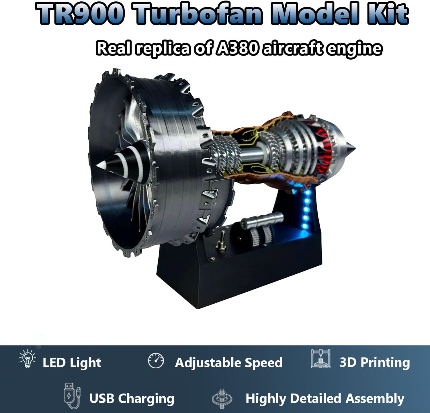 TR900 Turbofan Engine Model, Adjustable Speed Aircraft Turbojet Engine with LED Light, Mechanical Science Aero Engine Education Toy Desk Decor for Adult Hobbyists,28cm (Assembly Version-Blue+Red)
