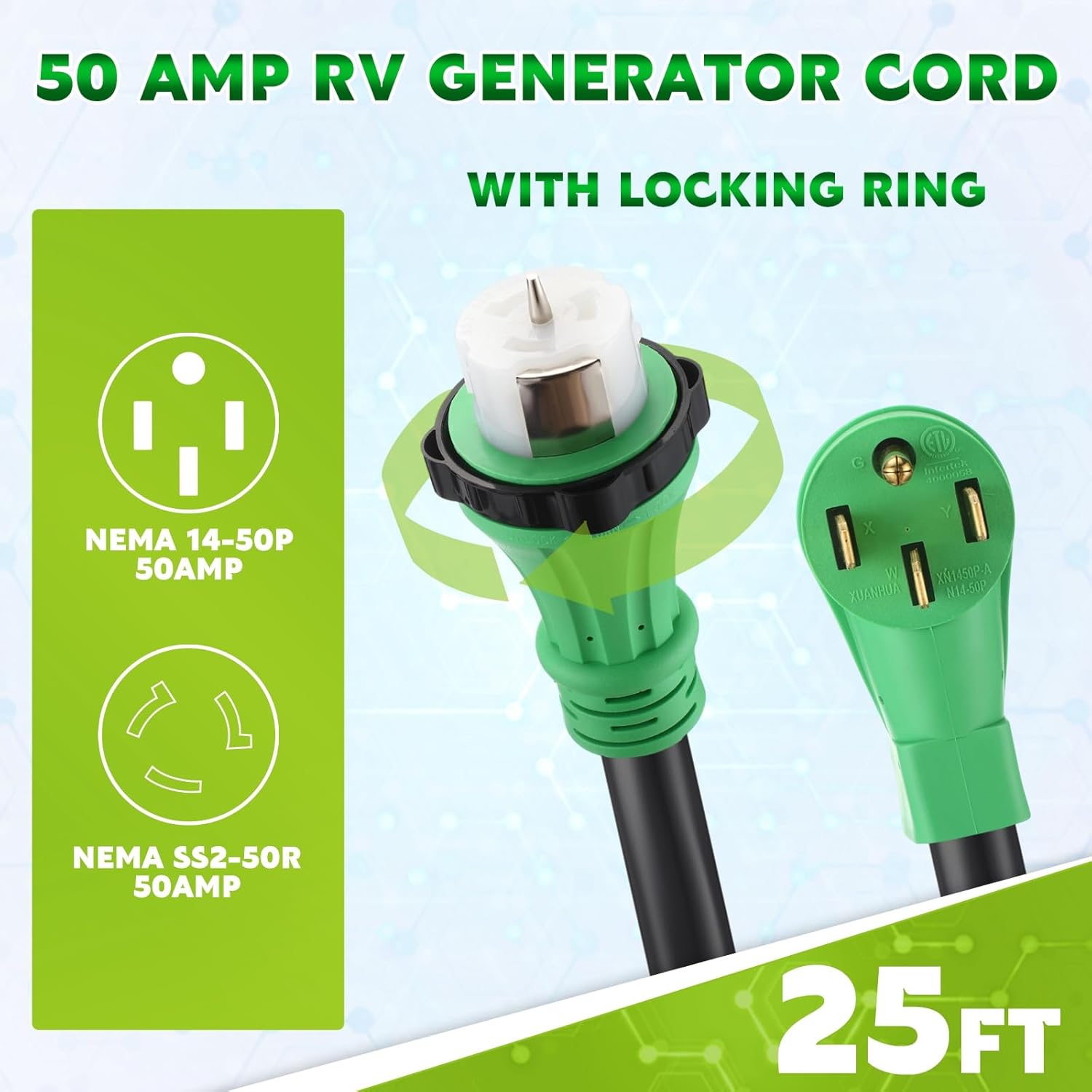 Gisafai 50 Amp 25FT Generator Cord and Pre Drilled Power Inlet Box Compatible with NEMA 14-50P to SS2-50R 125/250V Locking Connector with SS2-50P Generator Inlet Box to House, ETL Listed