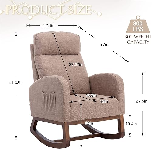 Miniatura 2 de KINFFICT Cómoda mecedora, tapizada para guardería o relajación, sillón de sala de estar con respaldo alto y reposacabezas, moderno balancín con