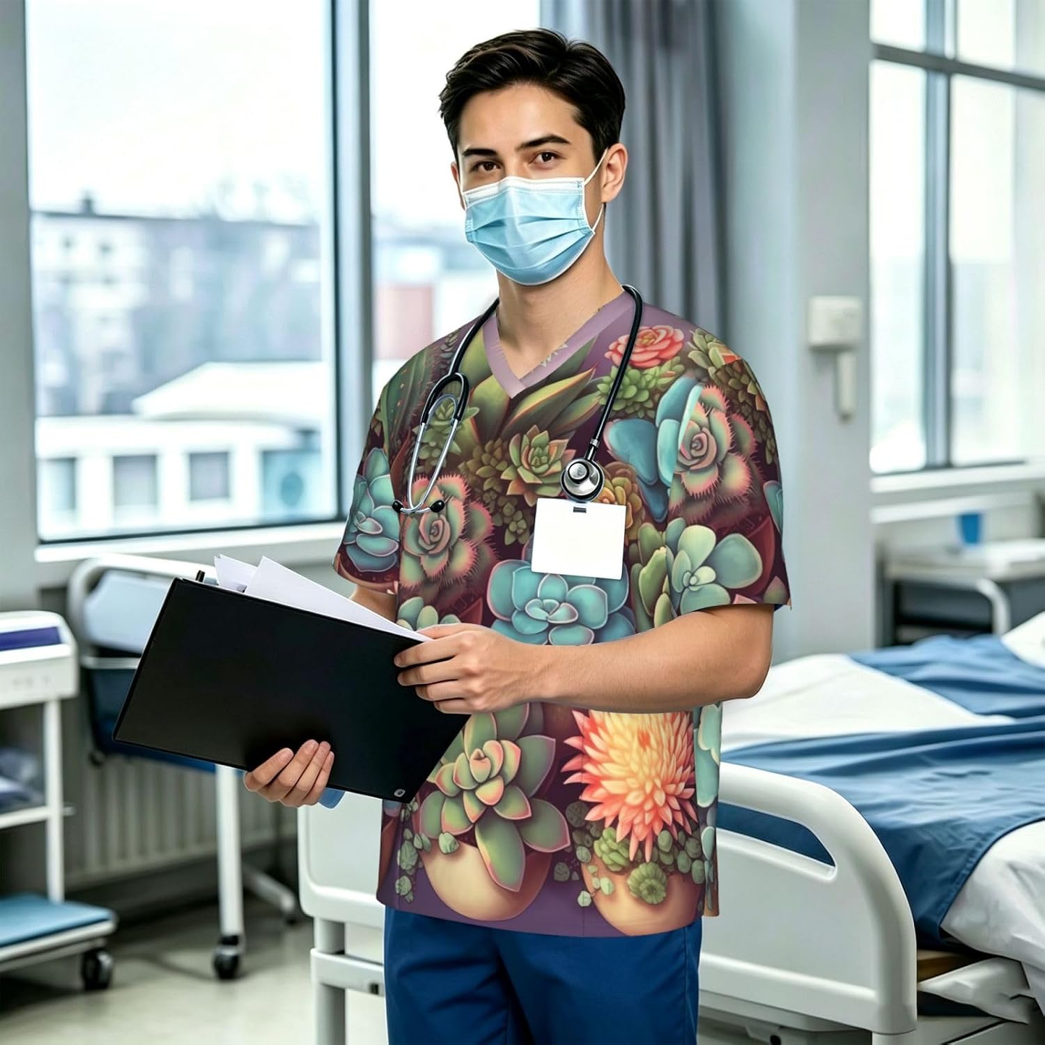 Professional Scrub Tops for Men, Classic V-Neck Workwear with 3 Pockets