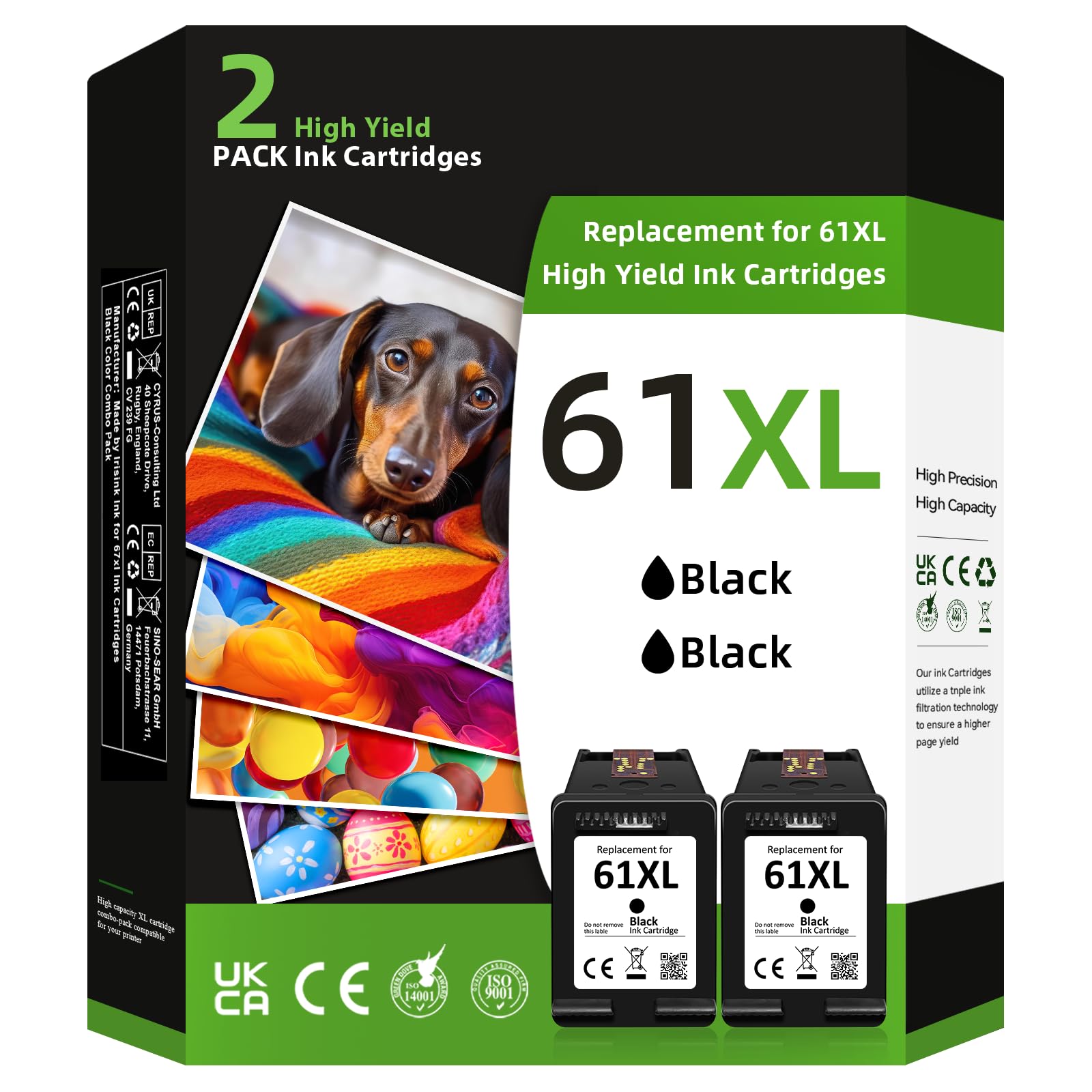 61XL Black Ink Cartridge Replacement for HP Ink 61 Black Printer Ink 61XL 61 XL for Envy 4500 5530 4502 5535 for Officejet 2620 4630 DeskJet 1050 1510 2050 2510 2540 3050 Printer (2 Black)
