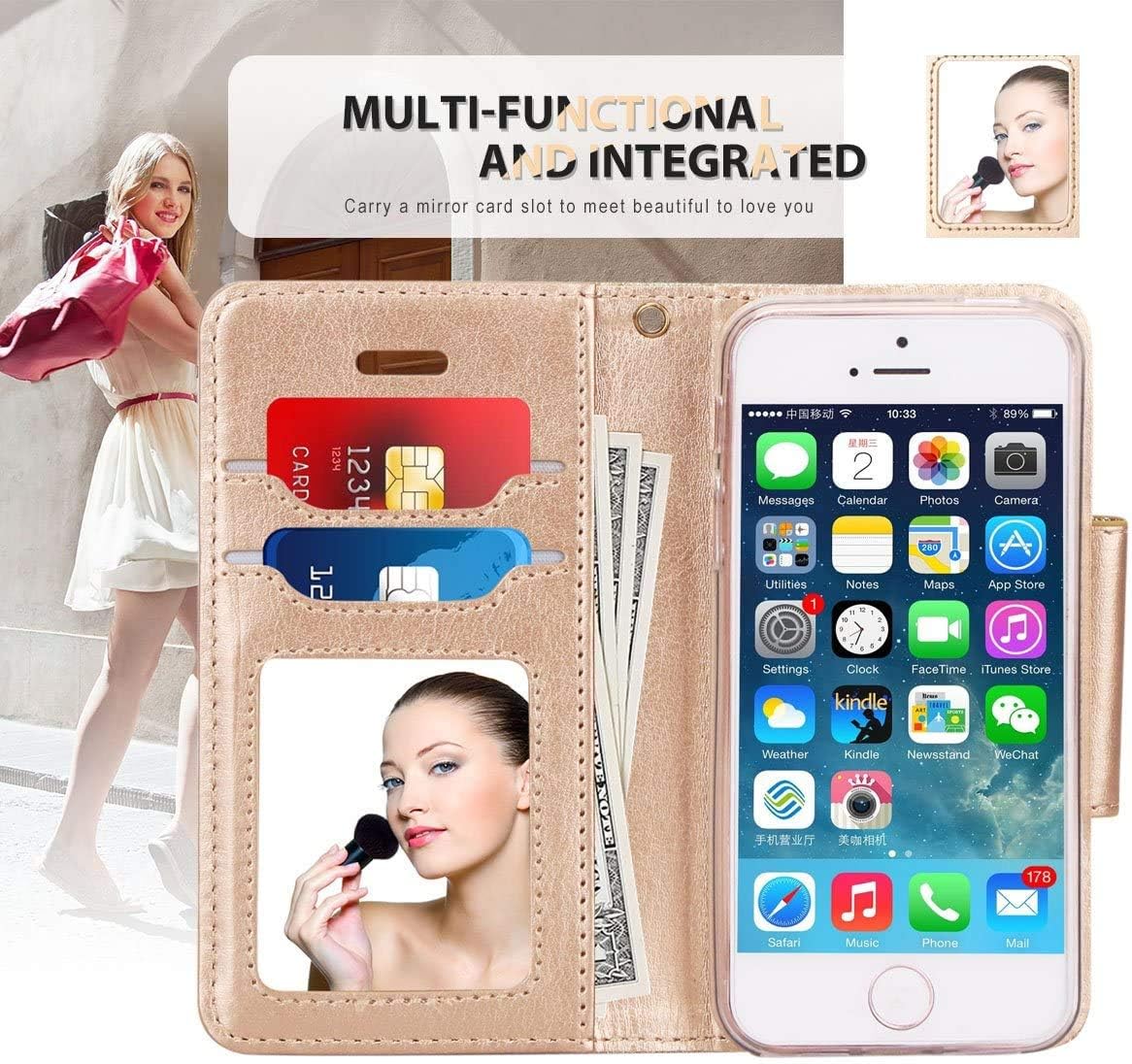 FYY Case for iPhone SE, Premium PU Leather Wallet Case with Cosmetic Mirror and Bow-Knot Strap for Apple iPhone SE (1st gen - 2016) /5S/5 Mint Green