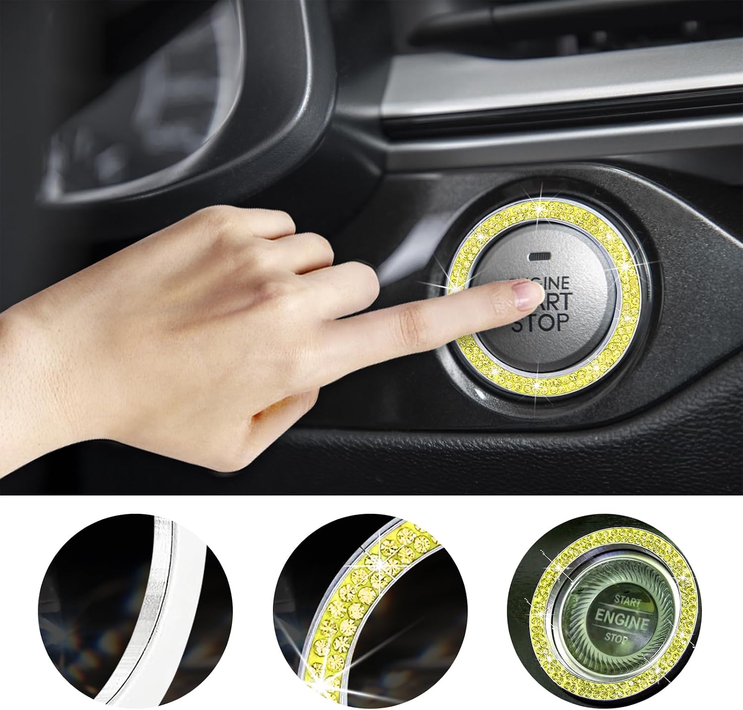 Kewucn Bling Crystal Double Rhinestone Car Engine Start Decoration Ring, Sparkling Push Start Button Sticker, Key Ignition & Knob Ring Decoration, Bling Car Interior Accessory(Yellow)
