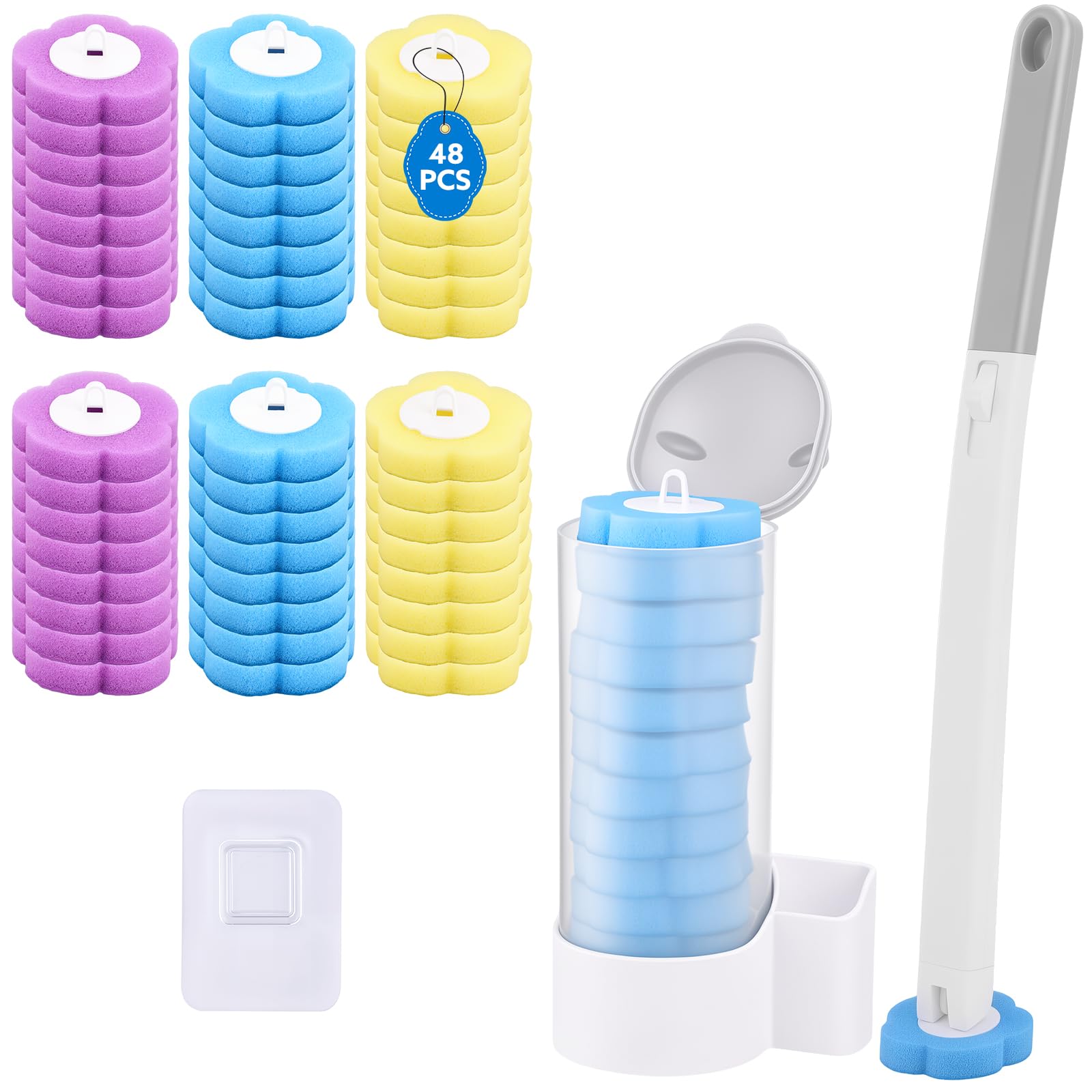 wlich Disposable Toilet Brush with 48 Refills, Transparent Bowl Toilet Brush with Wall Mounted Holder, Toilet Bowl Brush Set with Wand and Storage Box for Bathroom Cleaning（Yellow+Blue+Purple Refills）