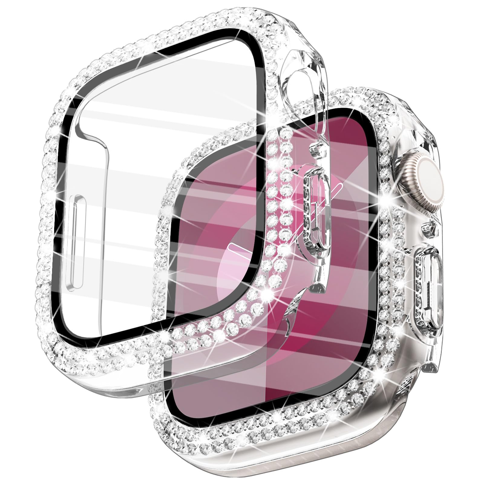WINGLE Compatible with Apple Watch Screen Protector 44mm SE 3 2 1/ Series 6 5 4, Women Shiny Diamond Cover with Tempered Glass Screen Protector for Apple Watch Case 44mm,Clear — view 30