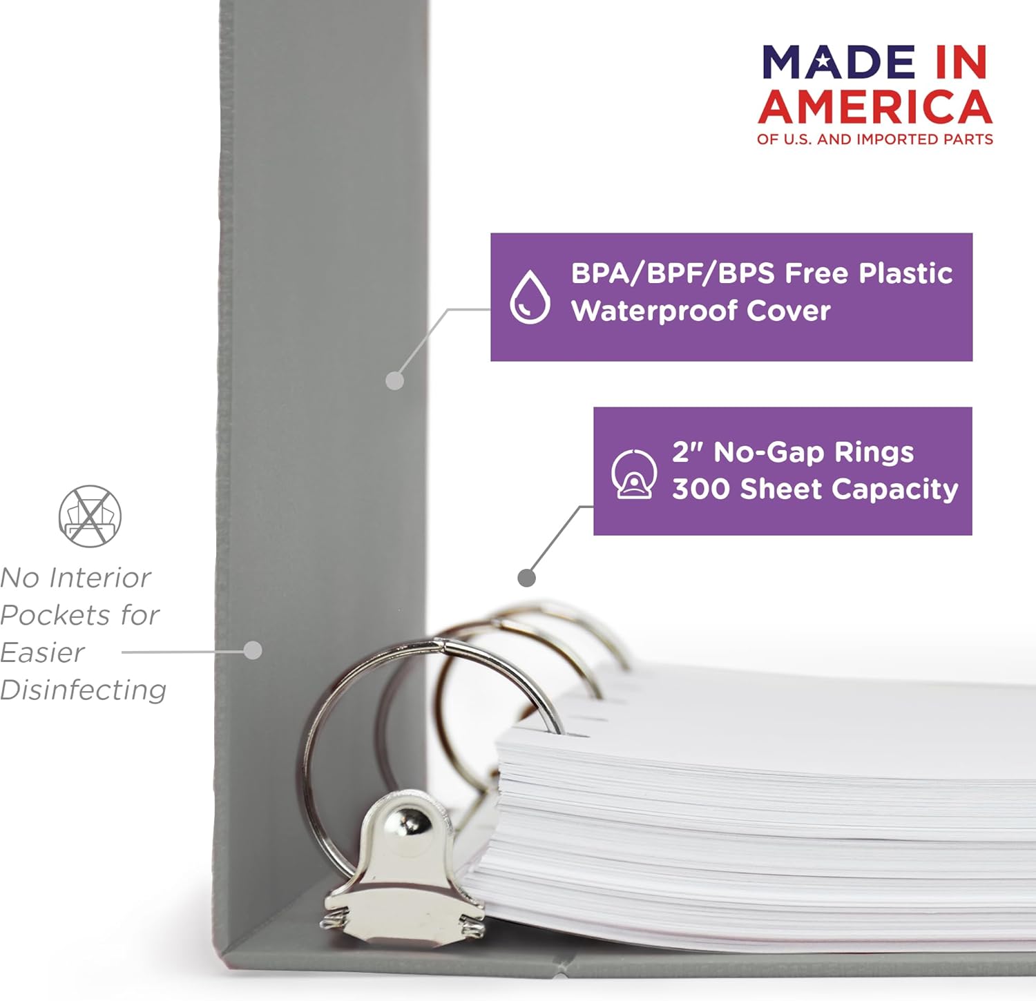 Carstens 2-Inch Heavy Duty 3-Ring Binder - Top Opening, Ash Gray, Durable Plastic, Precision No-Gap Rings, Waterproof Cover, No Pockets, Holds 300 US Letter Sheets, BPA-Free, Made in USA (2872-3R)